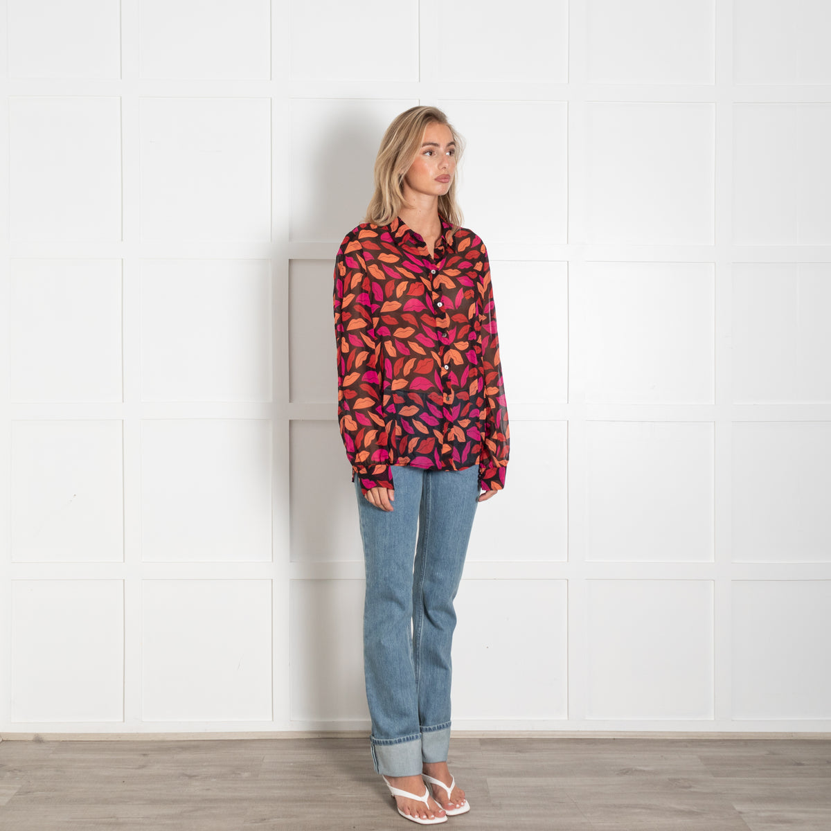 Diane Von Furstenberg  Black Pink Orange Lips Print Silk Blouse