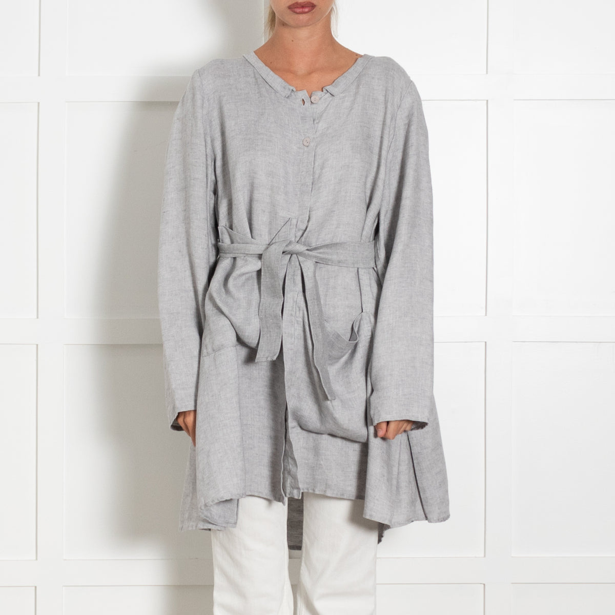 Barbara Lang Paris Grey Linen Oversized Pocket Detail Top