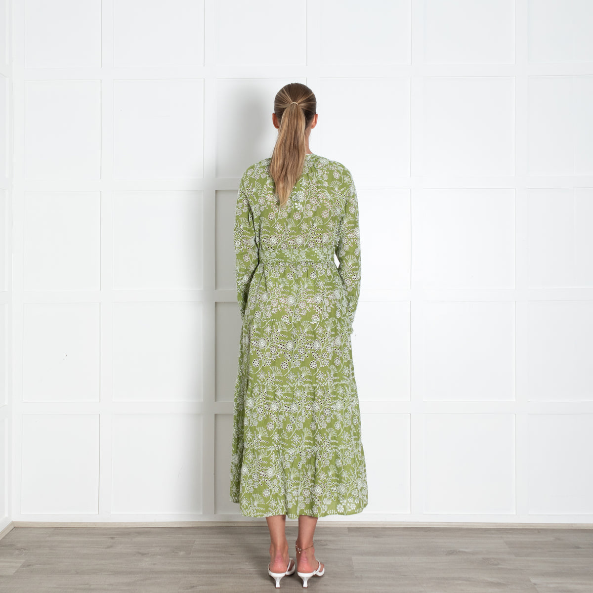 Me + Em Green White Broderie Anglaise Long Sleeve Dress with Belt