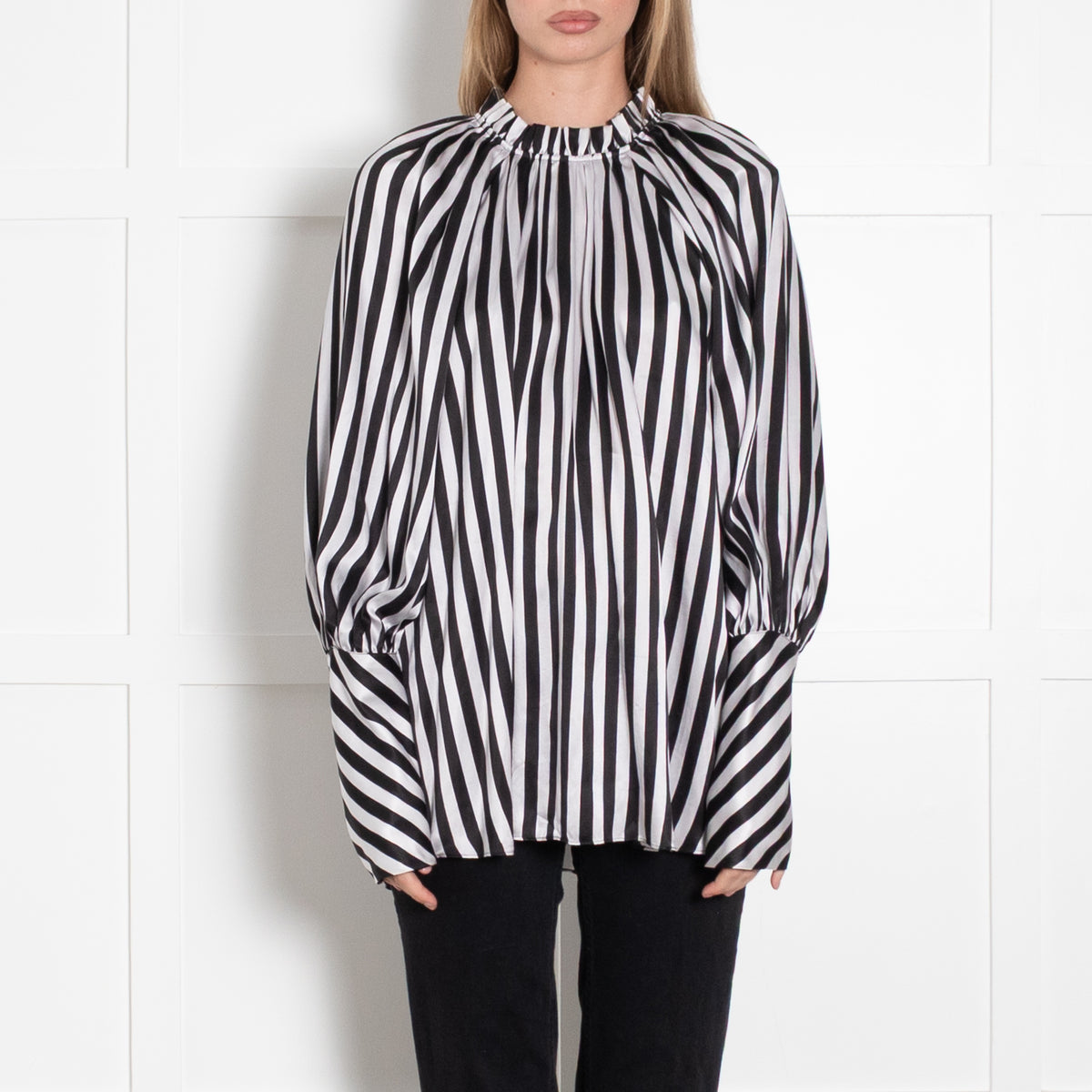 Lee Mathews Black White Striped Silk Oversized High Neck Blouse