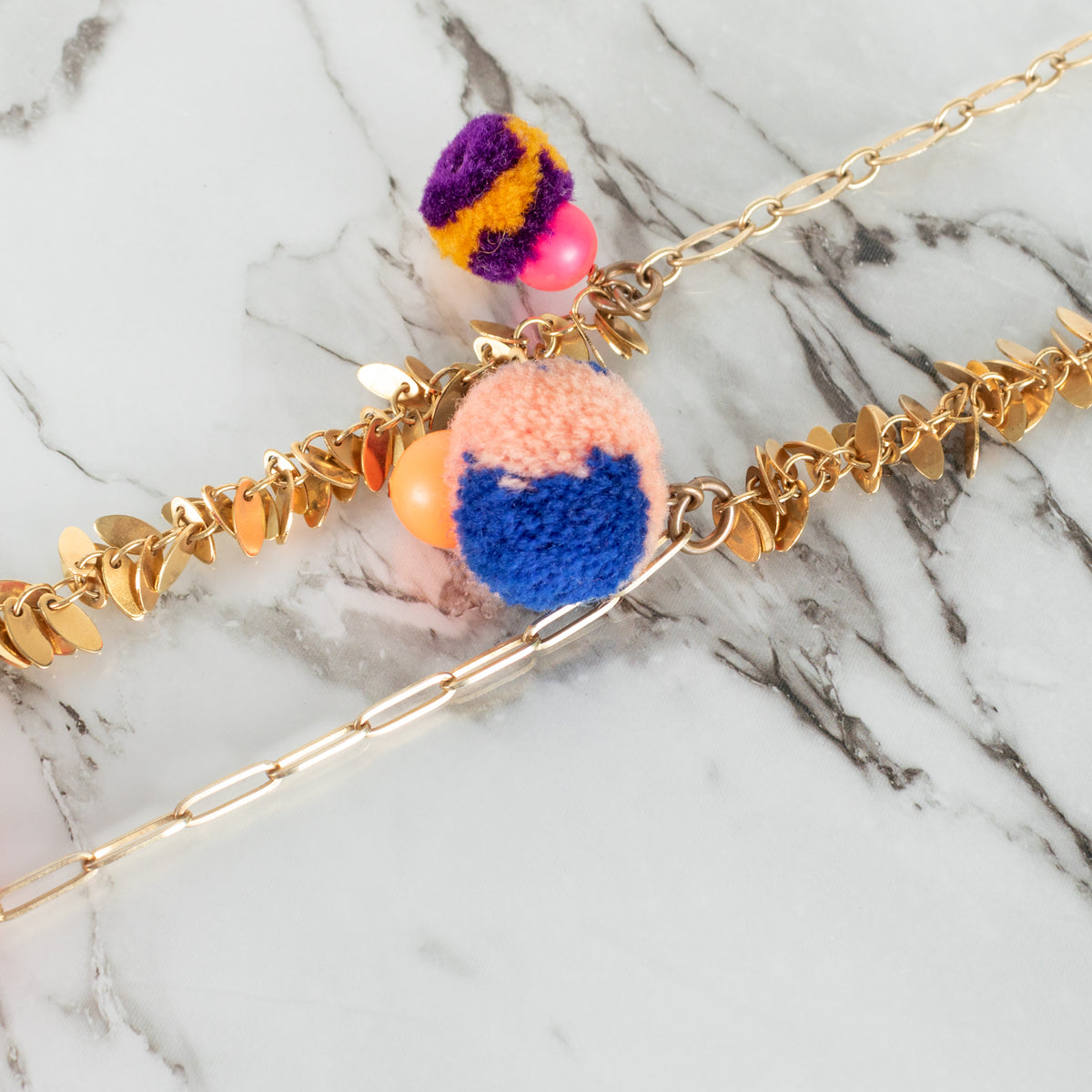 Vicki Sarge Gold Leaf Multicolour Pom Pom Long Chain Necklace