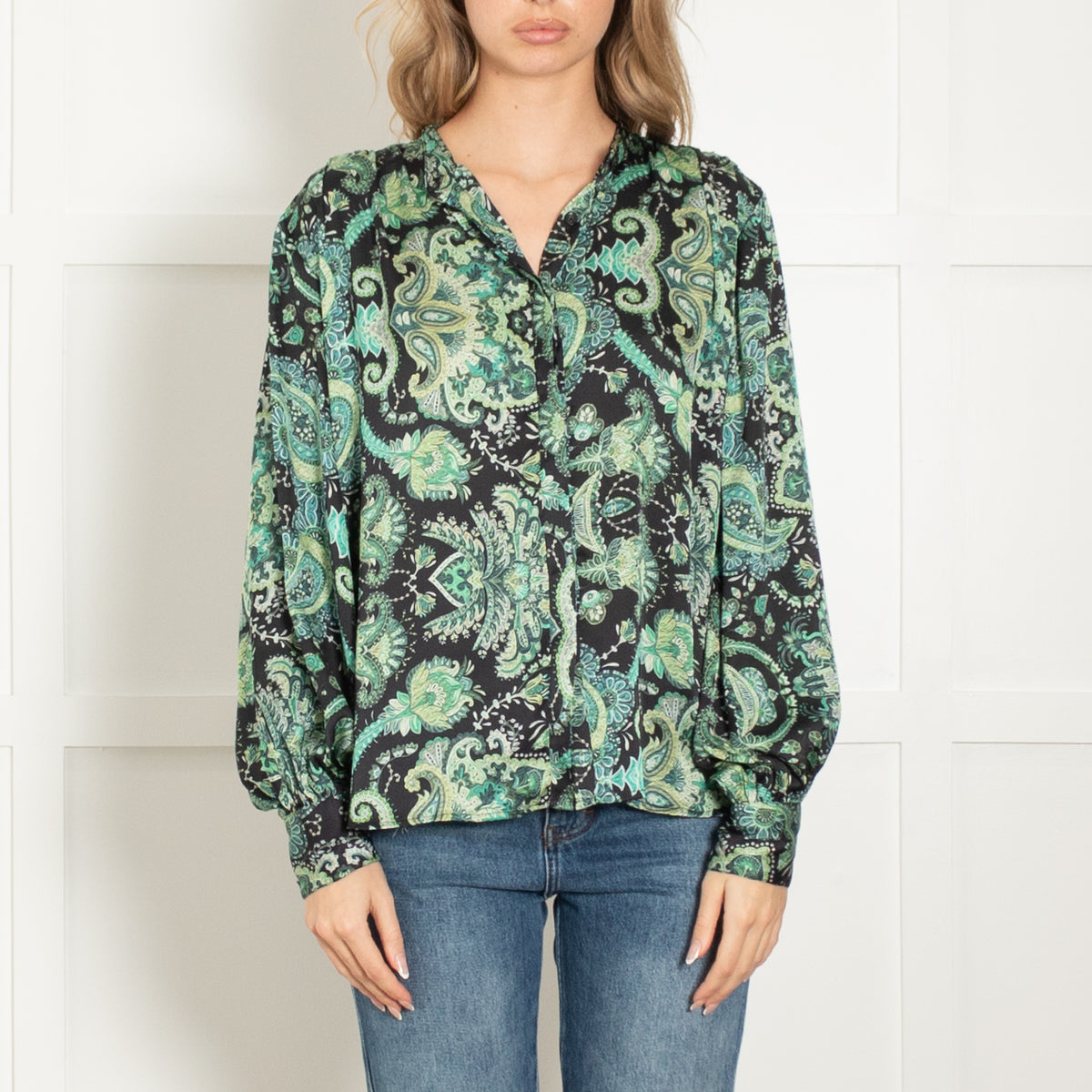 Karmamia Black Green Floral Paisley Blouse