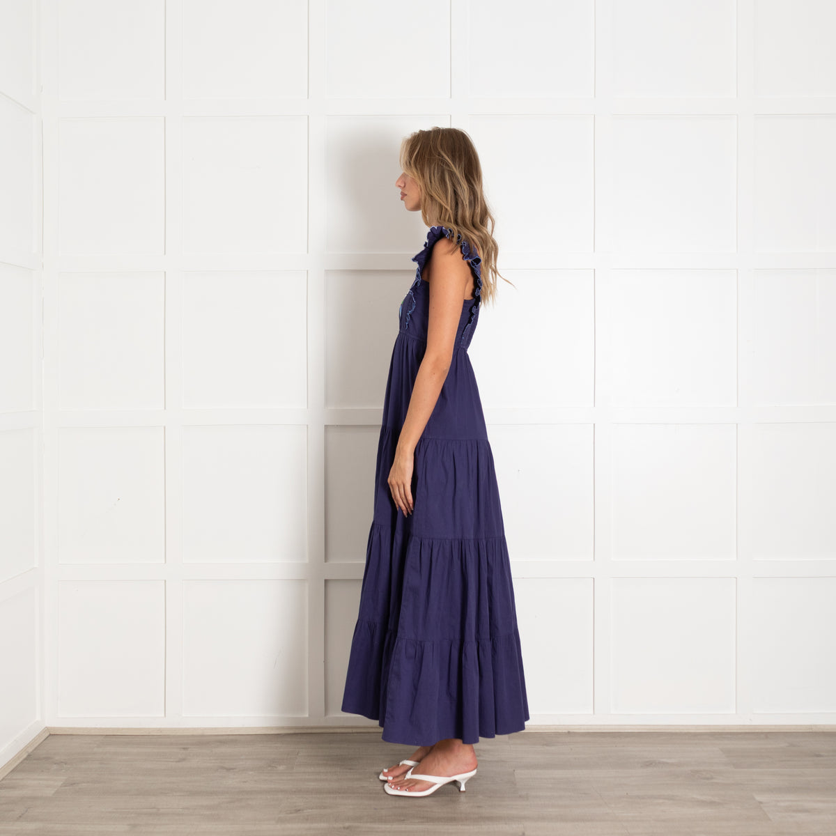 Lexy London Blue White Green Embroidery Frill Detail Sleeveless Cotton Maxi Dress