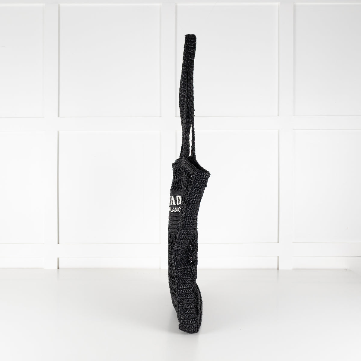 Prada Black White Logo Embellished Crochet Bag