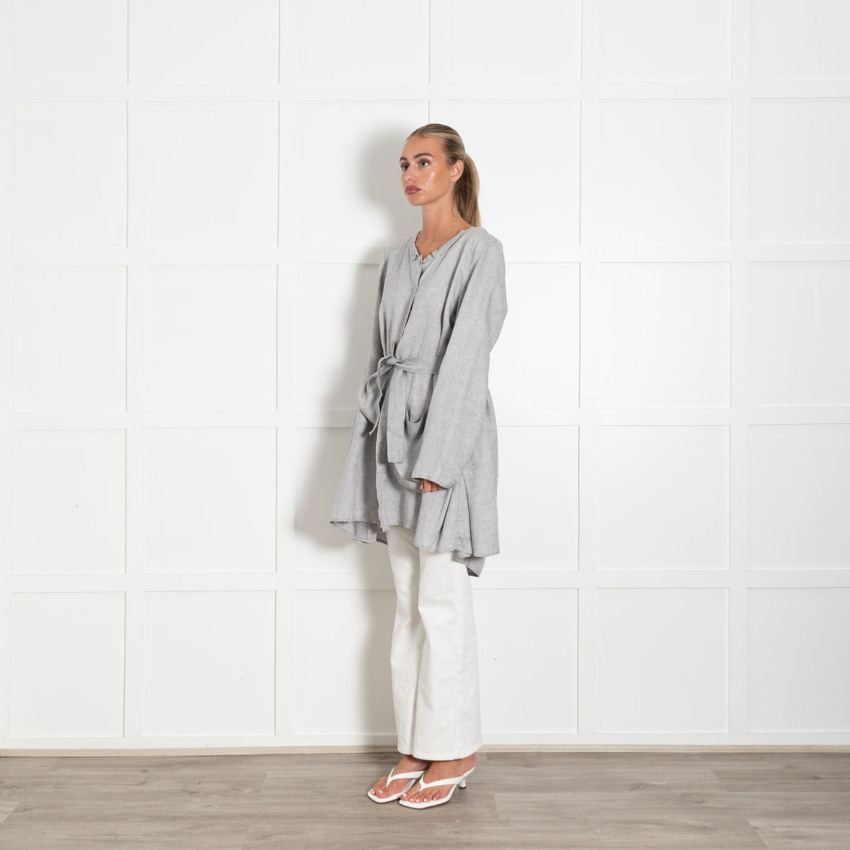 Barbara Lang Paris Grey Linen Oversized Pocket Detail Top