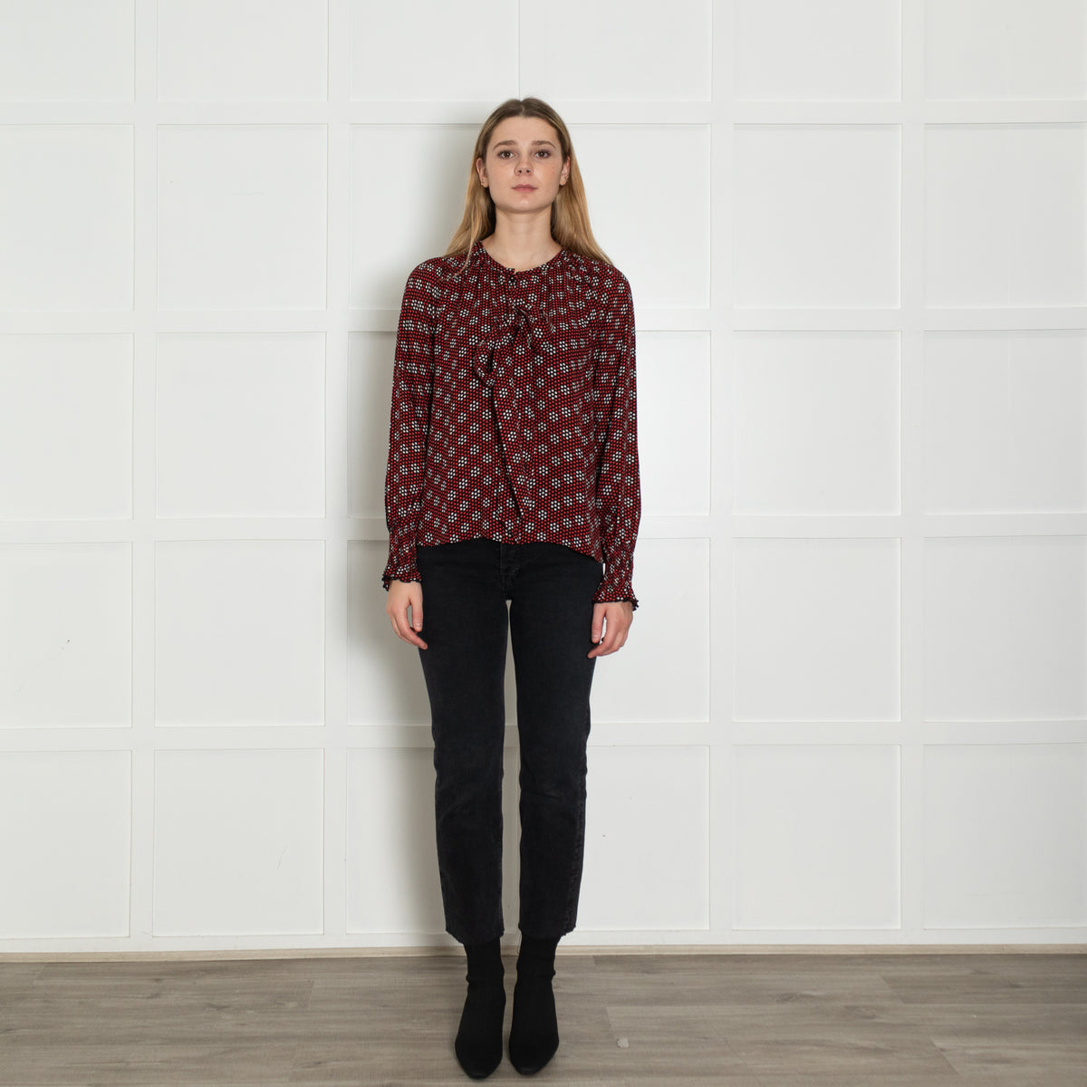 Me+Em Black Red Cream Silk Dot Tie Detail Blouse
