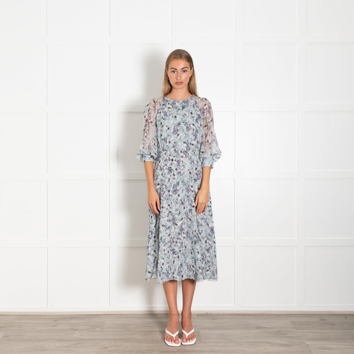 Erdem Light Grey Purple White Floral Silk Chiffon Dress