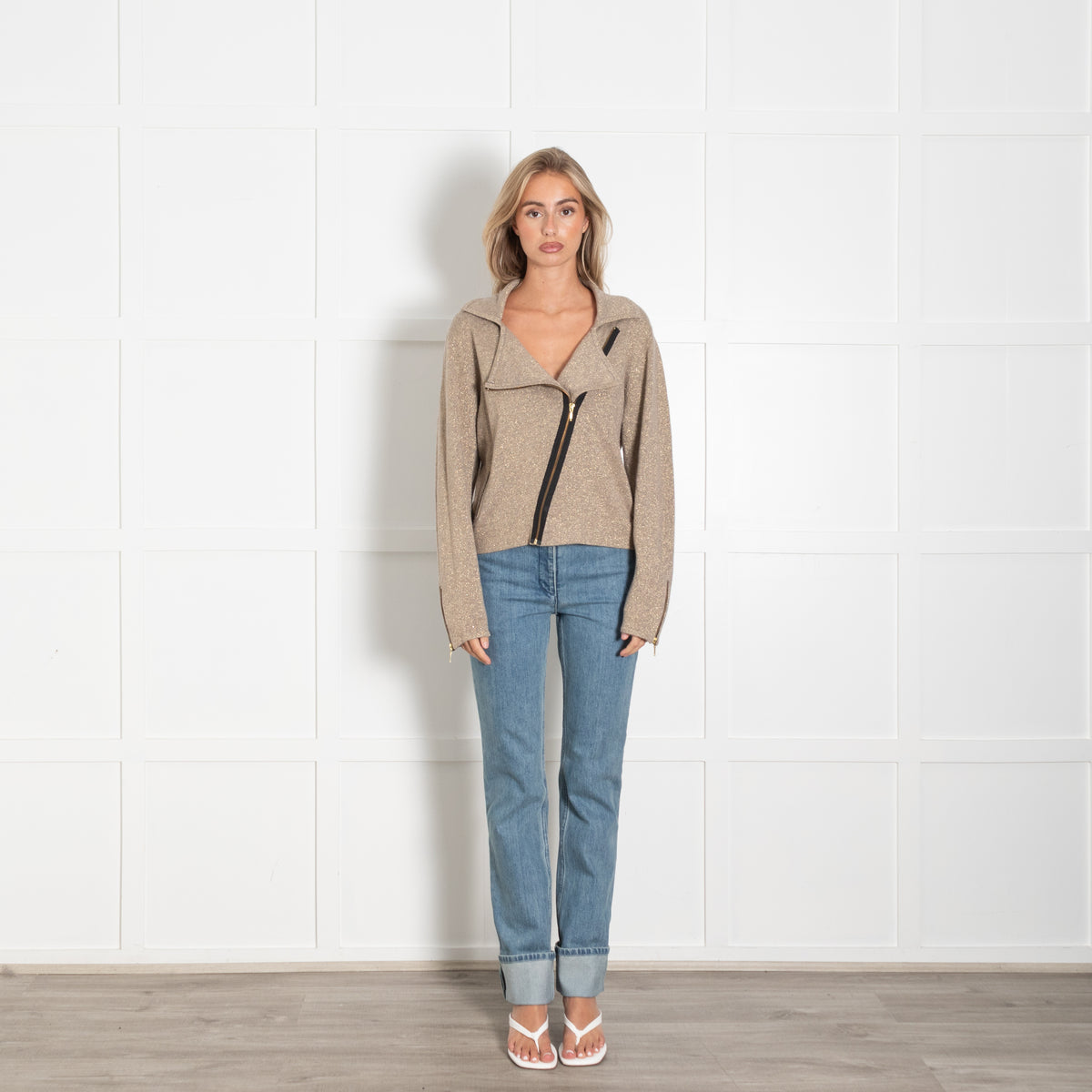 Crumpet Grey Gold Cashmere Blend Zip Up Cardigan