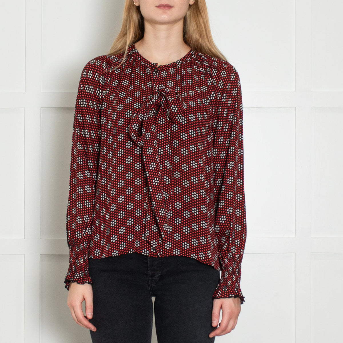 Me+Em Black Red Cream Silk Dot Tie Detail Blouse