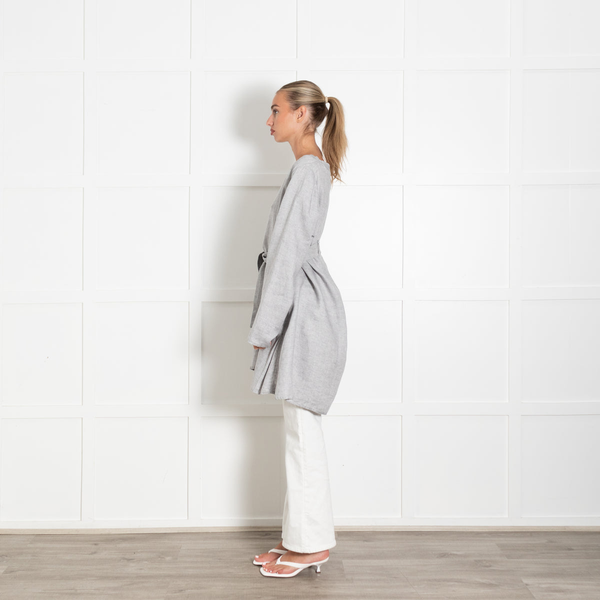 Barbara Lang Paris Grey Linen Oversized Pocket Detail Top