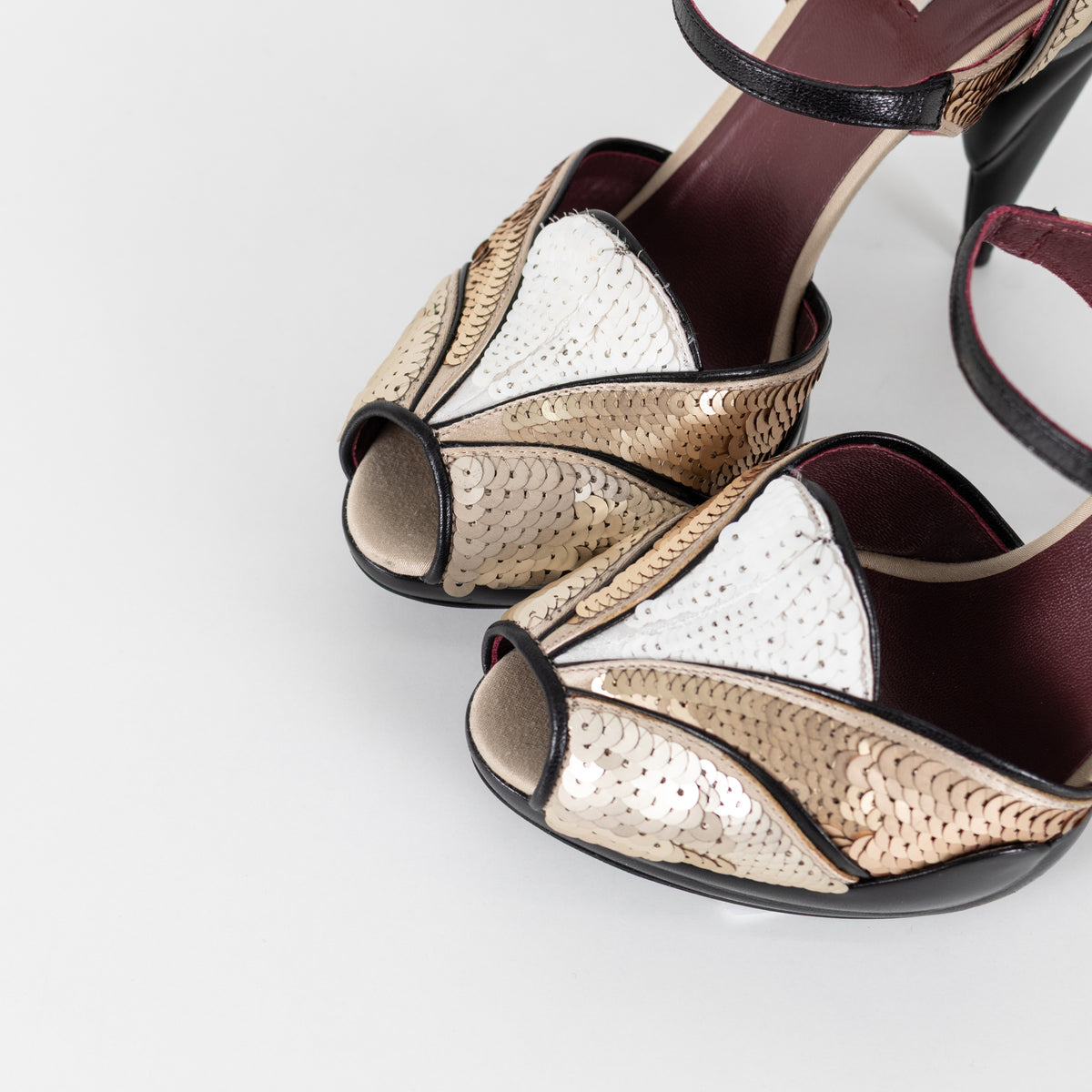 Miu Miu Black Leather Gold Sequinned Platform Sculptured Heel Shoes