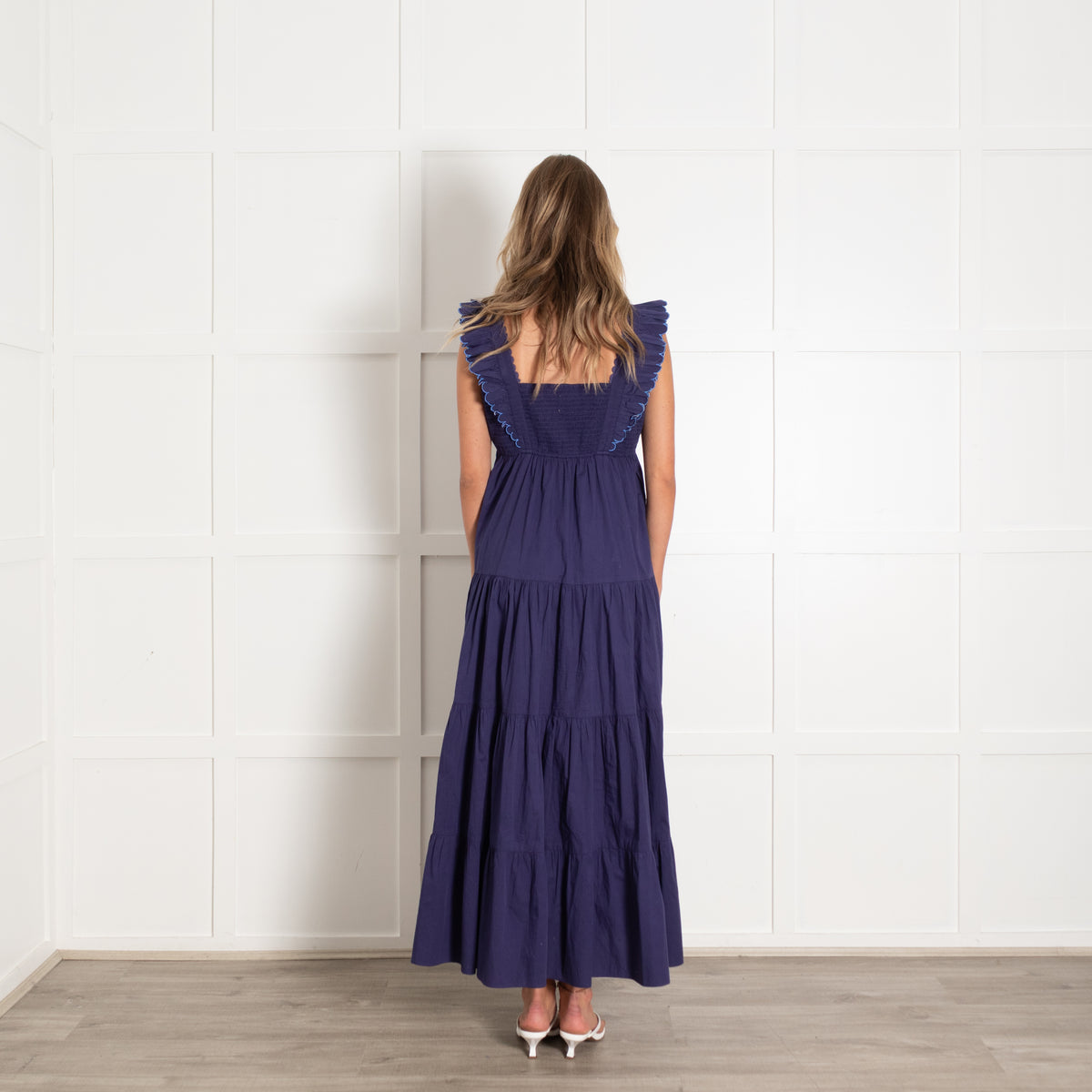Lexy London Blue White Green Embroidery Frill Detail Sleeveless Cotton Maxi Dress