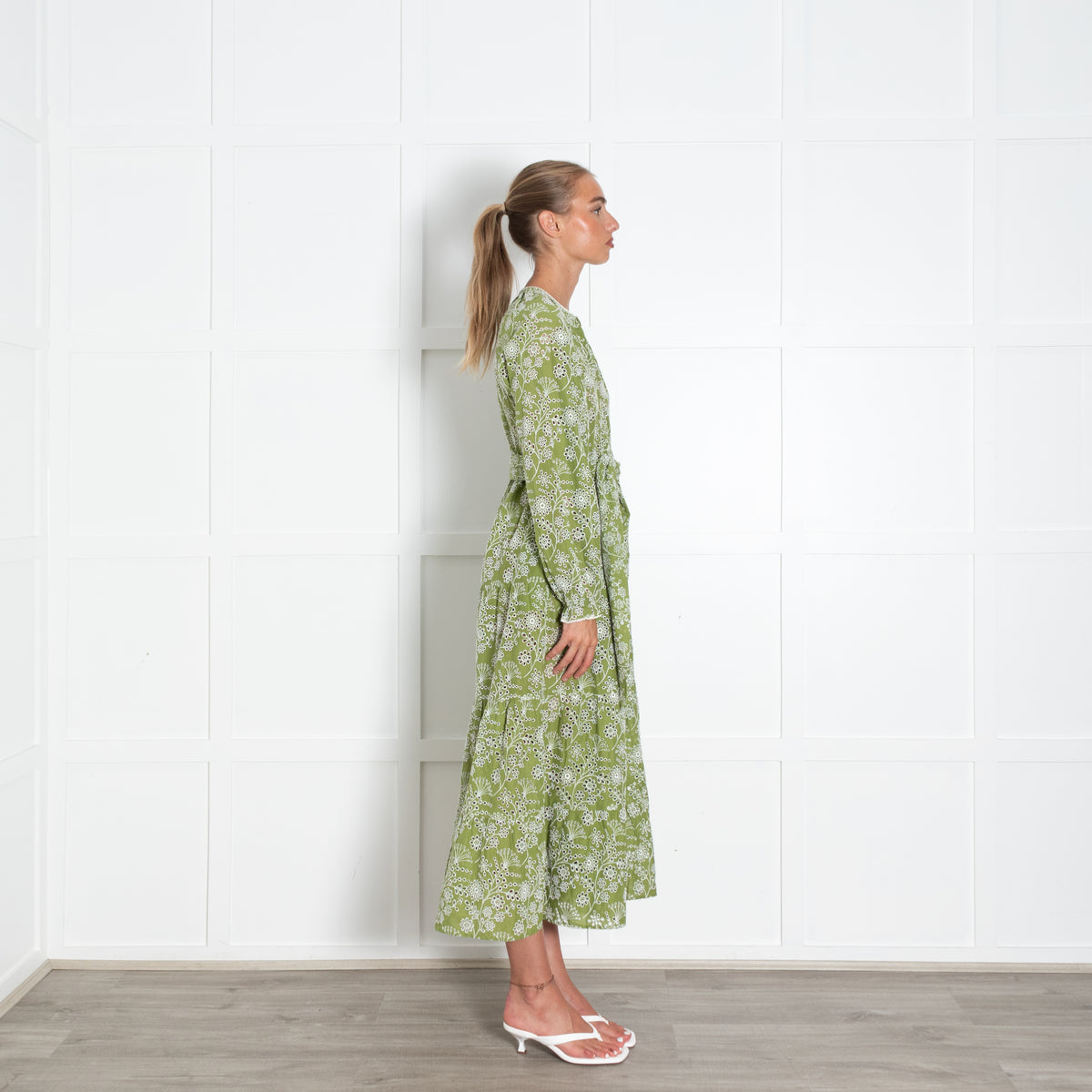 Me + Em Green White Broderie Anglaise Long Sleeve Dress with Belt