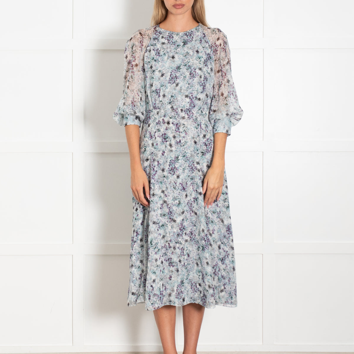 Erdem Light Grey Purple White Floral Silk Chiffon Dress