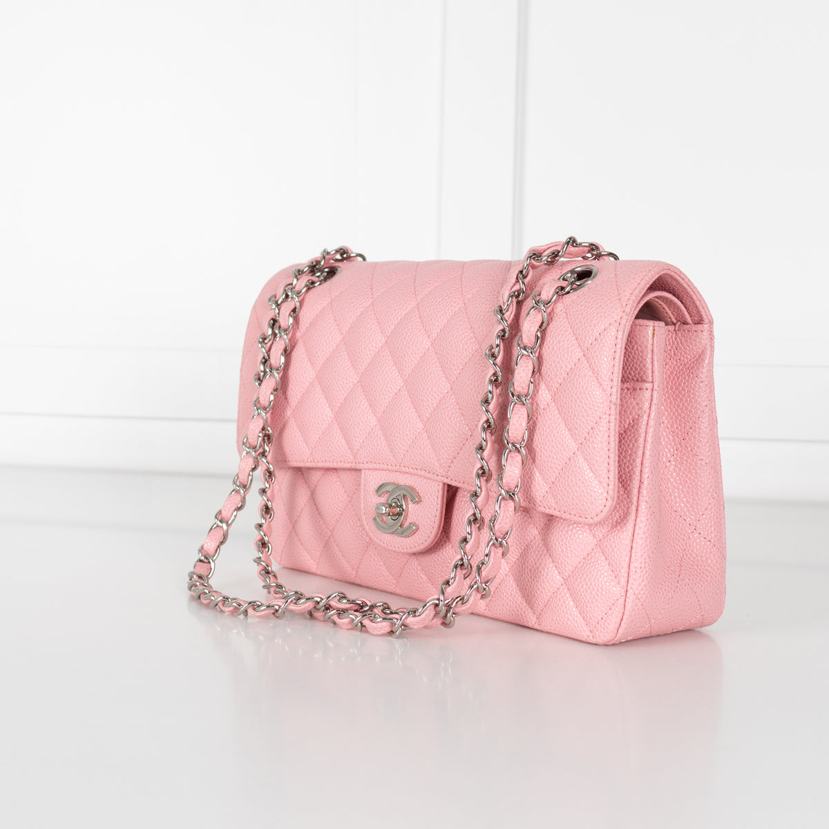 Chanel Pink Caviar Medium Flap Bag with Silver Hardwear