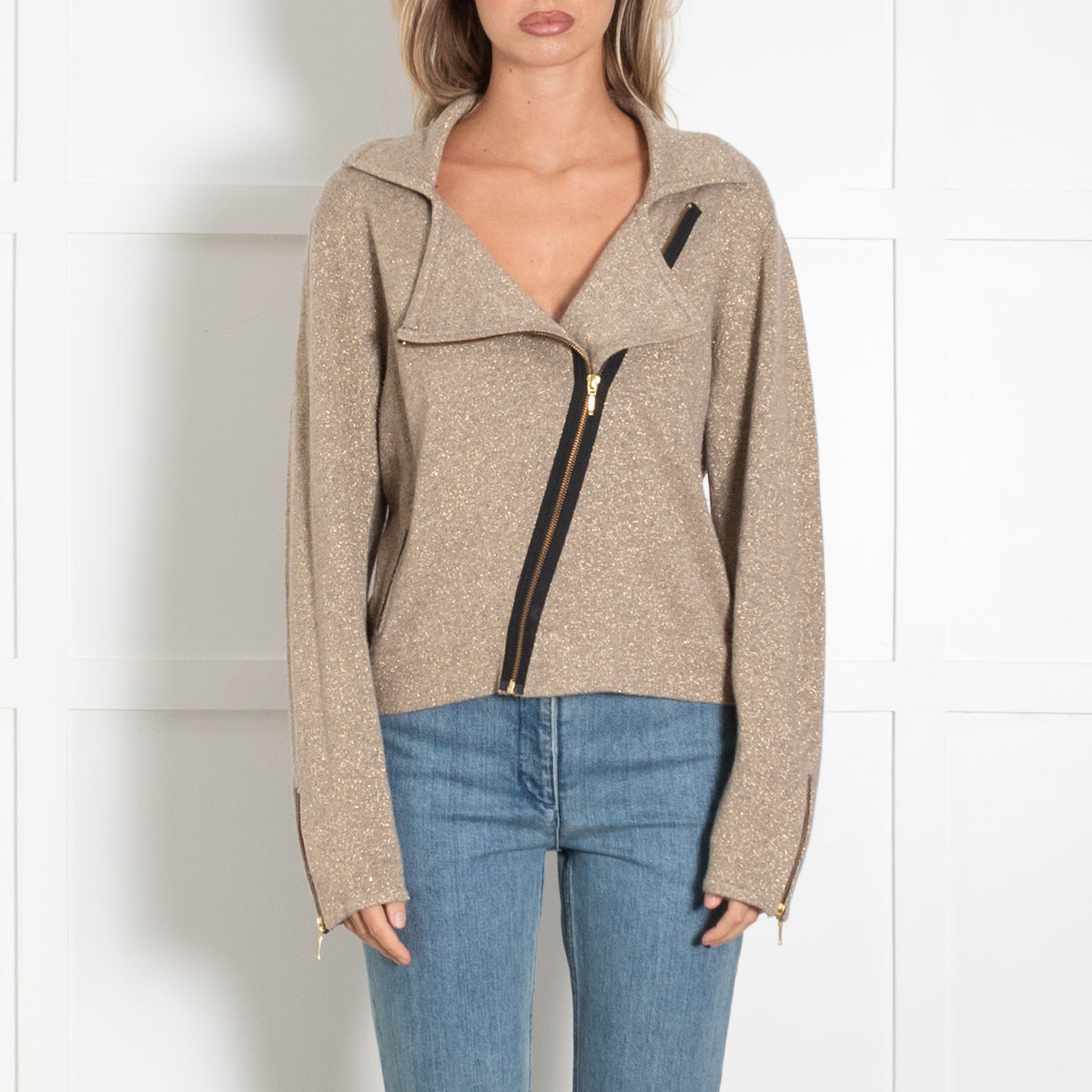 Crumpet Grey Gold Cashmere Blend Zip Up Cardigan