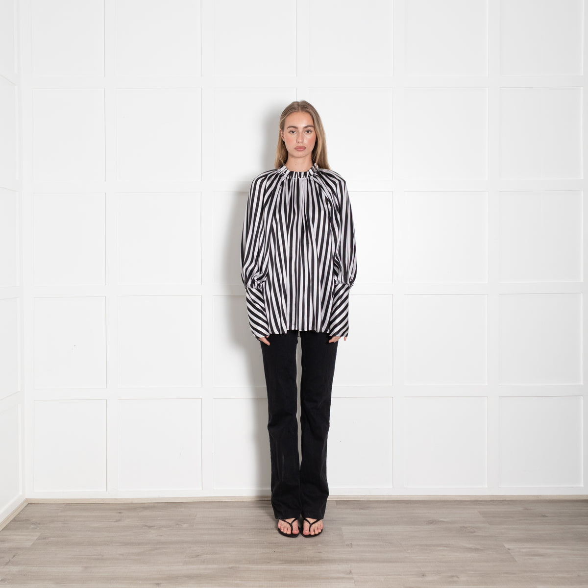 Lee Mathews Black White Striped Silk Oversized High Neck Blouse