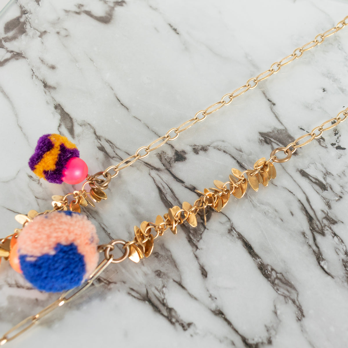 Vicki Sarge Gold Leaf Multicolour Pom Pom Long Chain Necklace