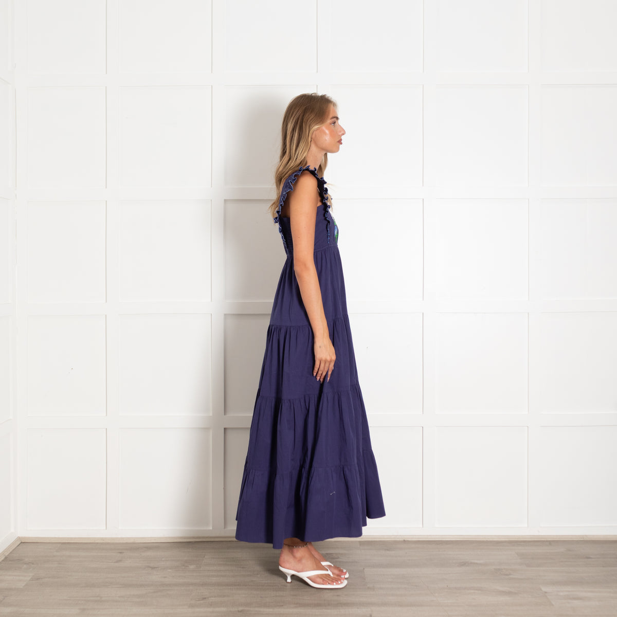 Lexy London Blue White Green Embroidery Frill Detail Sleeveless Cotton Maxi Dress