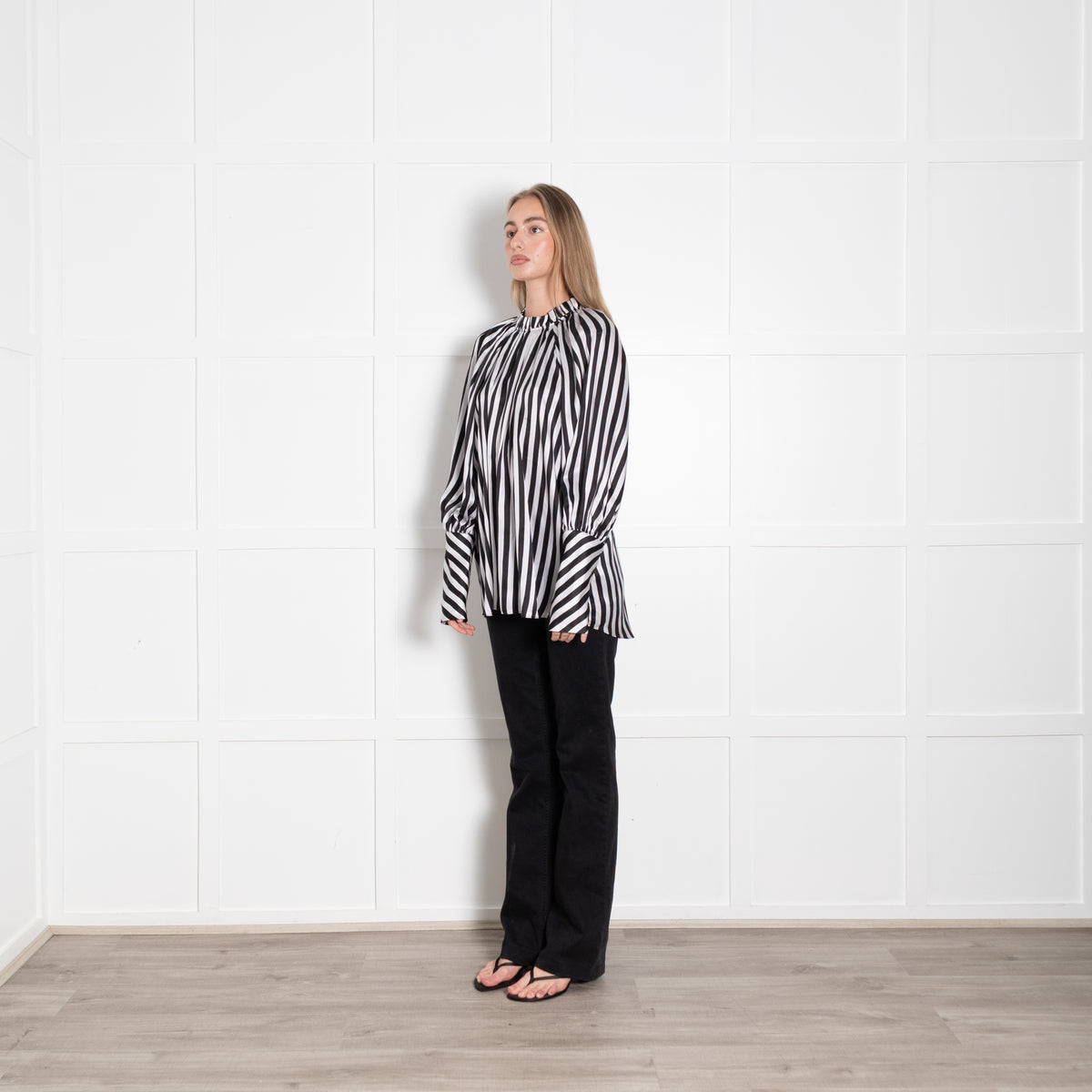 Lee Mathews Black White Striped Silk Oversized High Neck Blouse