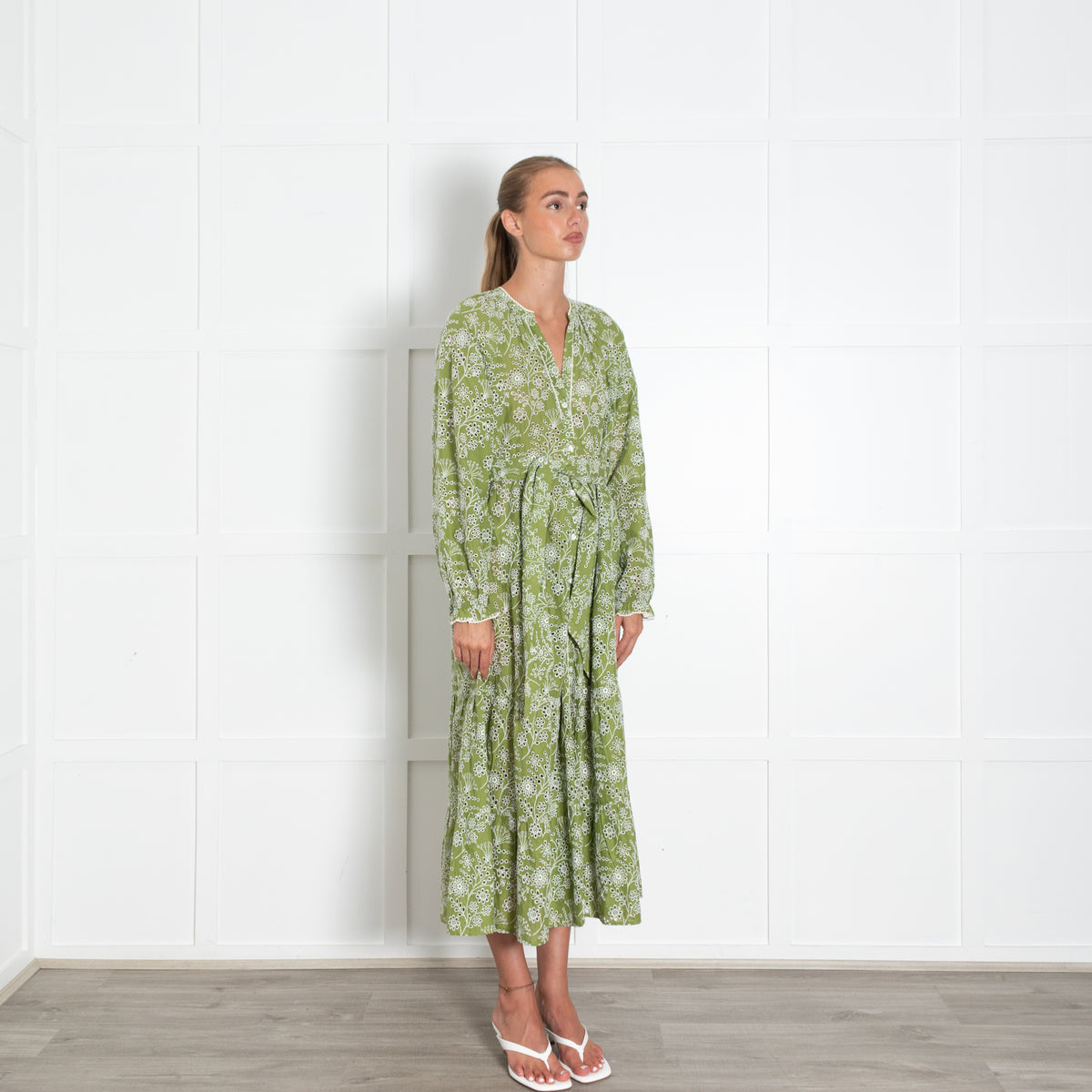 Me + Em Green White Broderie Anglaise Long Sleeve Dress with Belt
