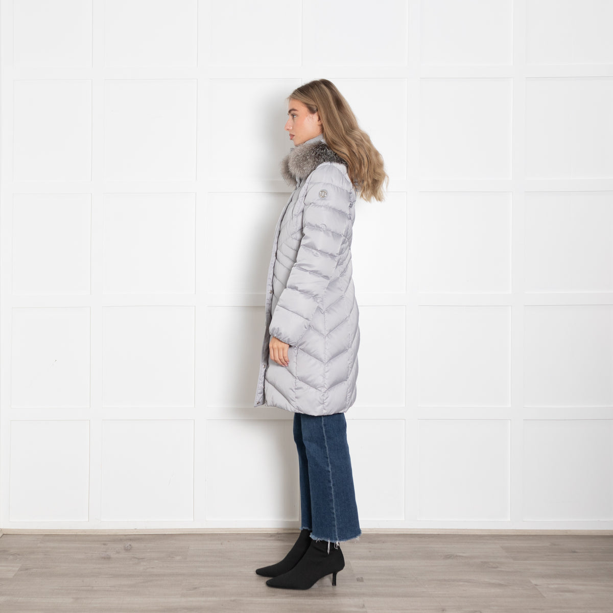 Laurel Grey Nylon Puffer Jaclkey with Fur Trim Hood