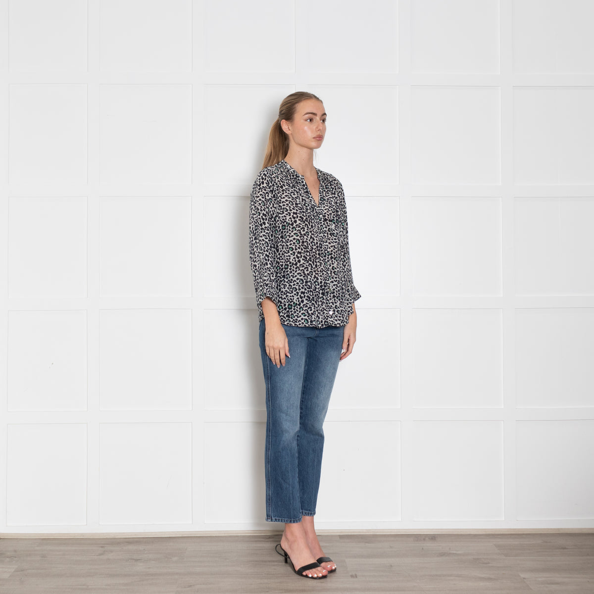 Pyrus White Black Animal Print Silk Blouse