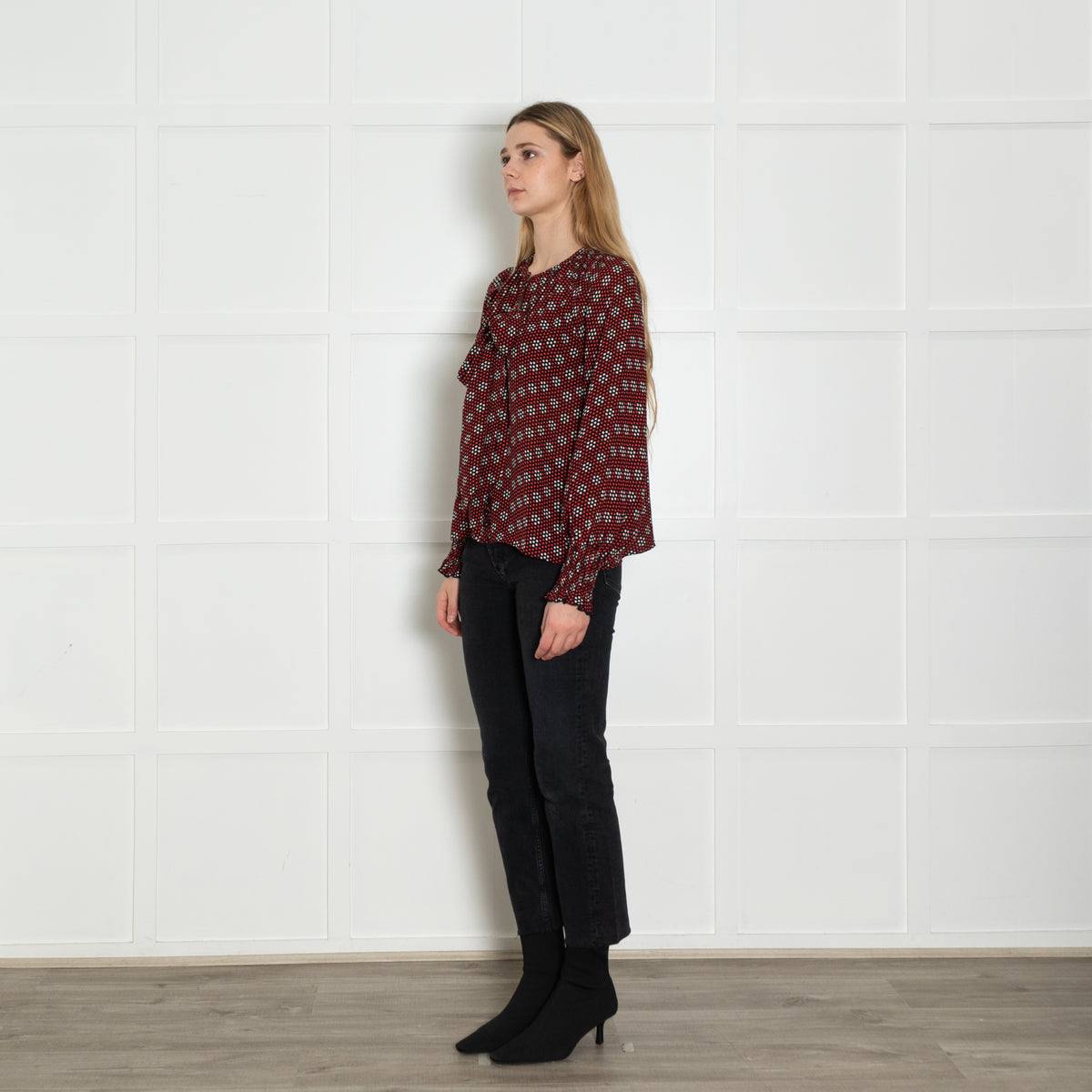 Me+Em Black Red Cream Silk Dot Tie Detail Blouse