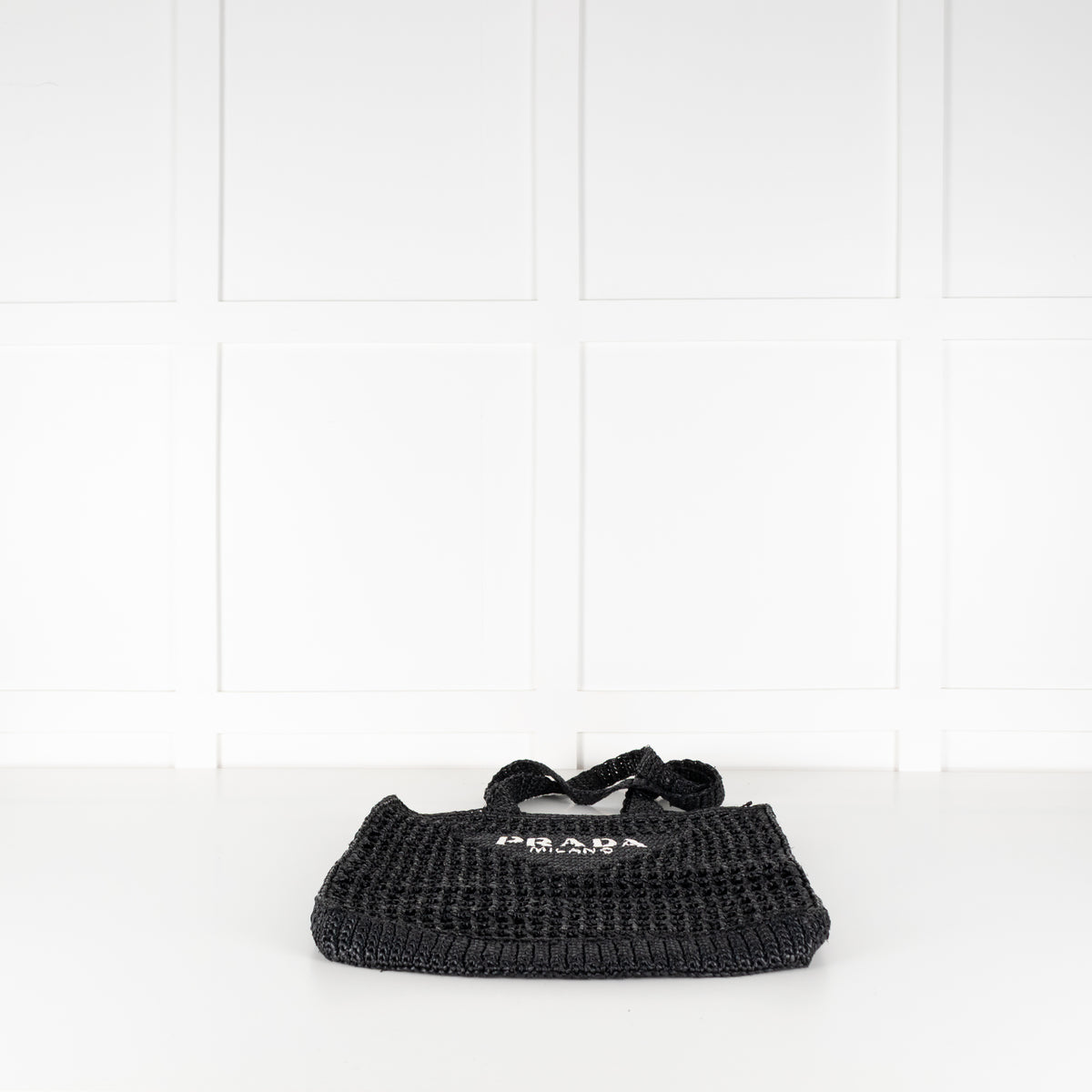 Prada Black White Logo Embellished Crochet Bag