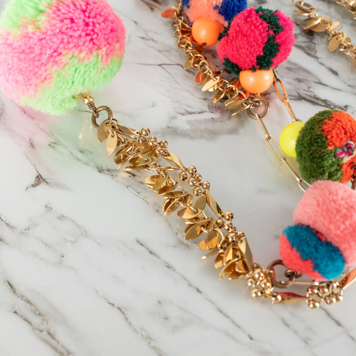 Vicki Sarge Gold Leaf Multicolour Pom Pom Long Chain Necklace