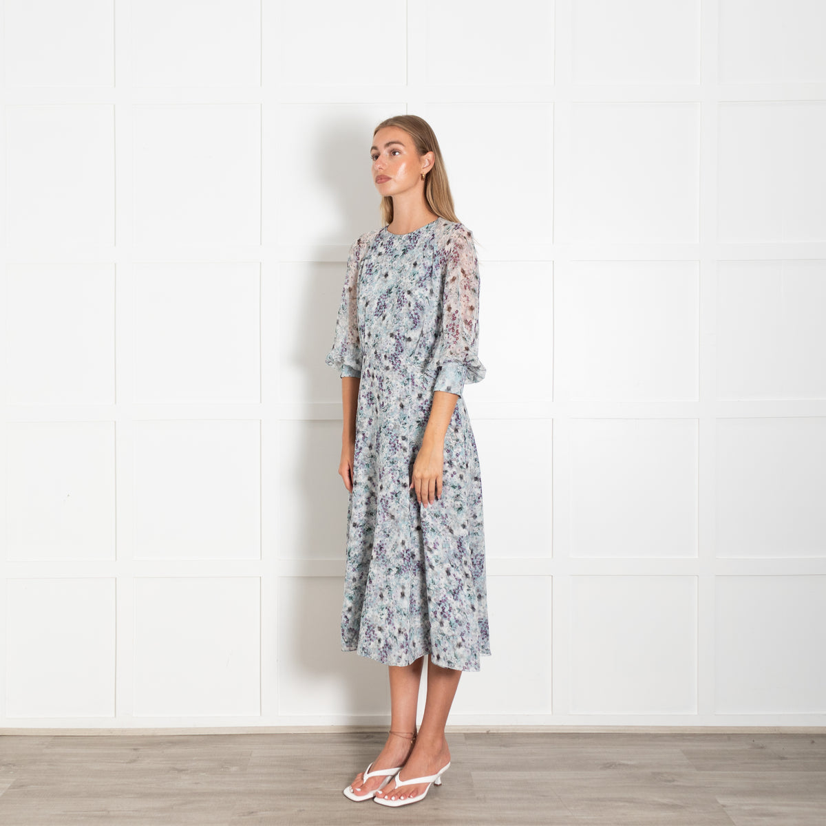 Erdem Light Grey Purple White Floral Silk Chiffon Dress