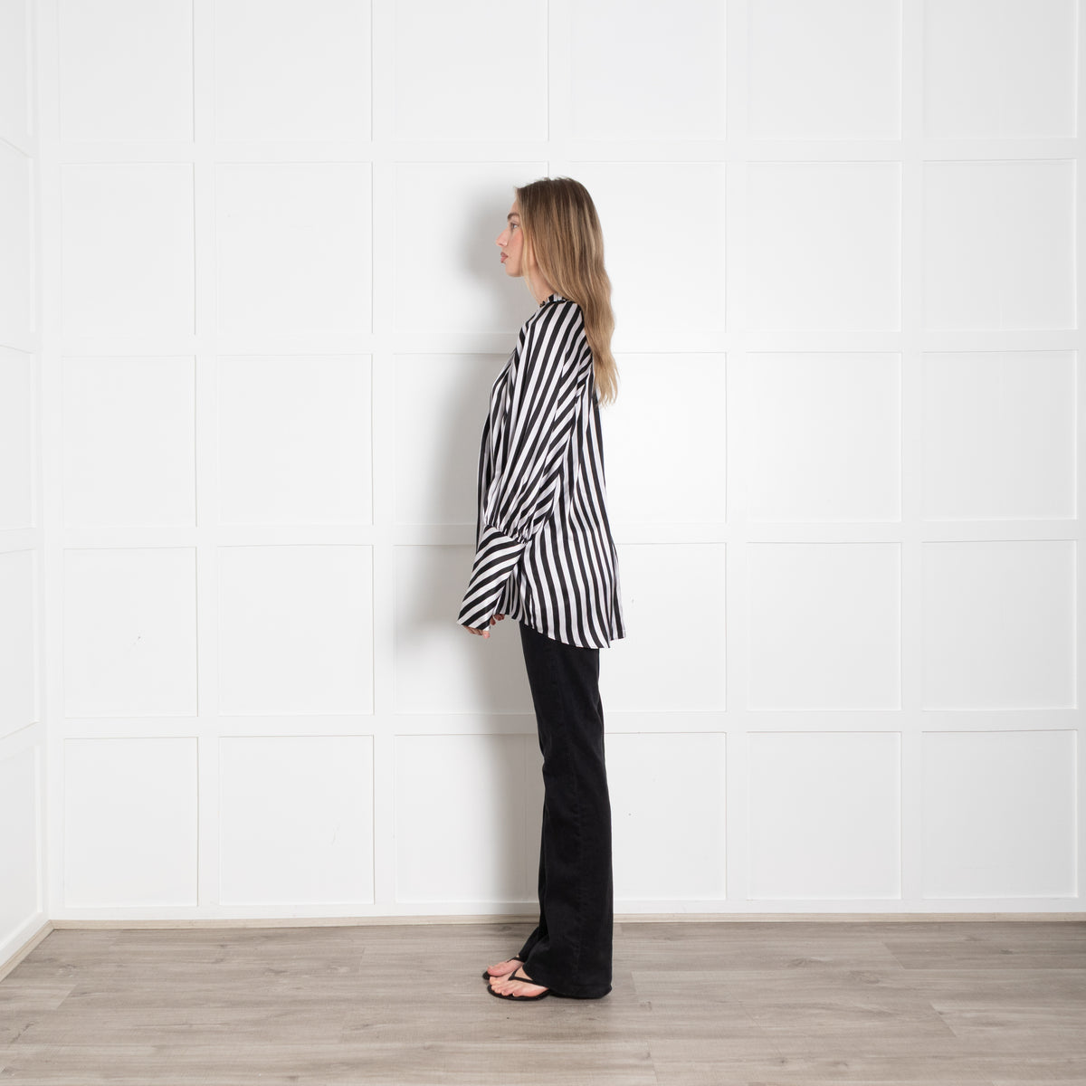 Lee Mathews Black White Striped Silk Oversized High Neck Blouse