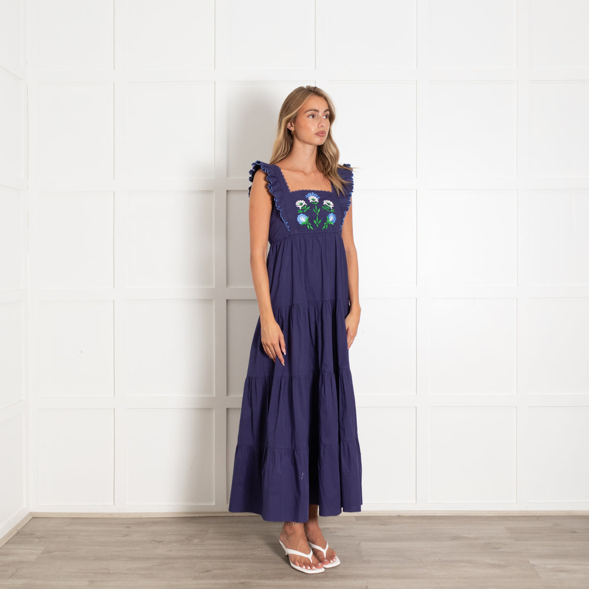 Lexy London Blue White Green Embroidery Frill Detail Sleeveless Cotton Maxi Dress