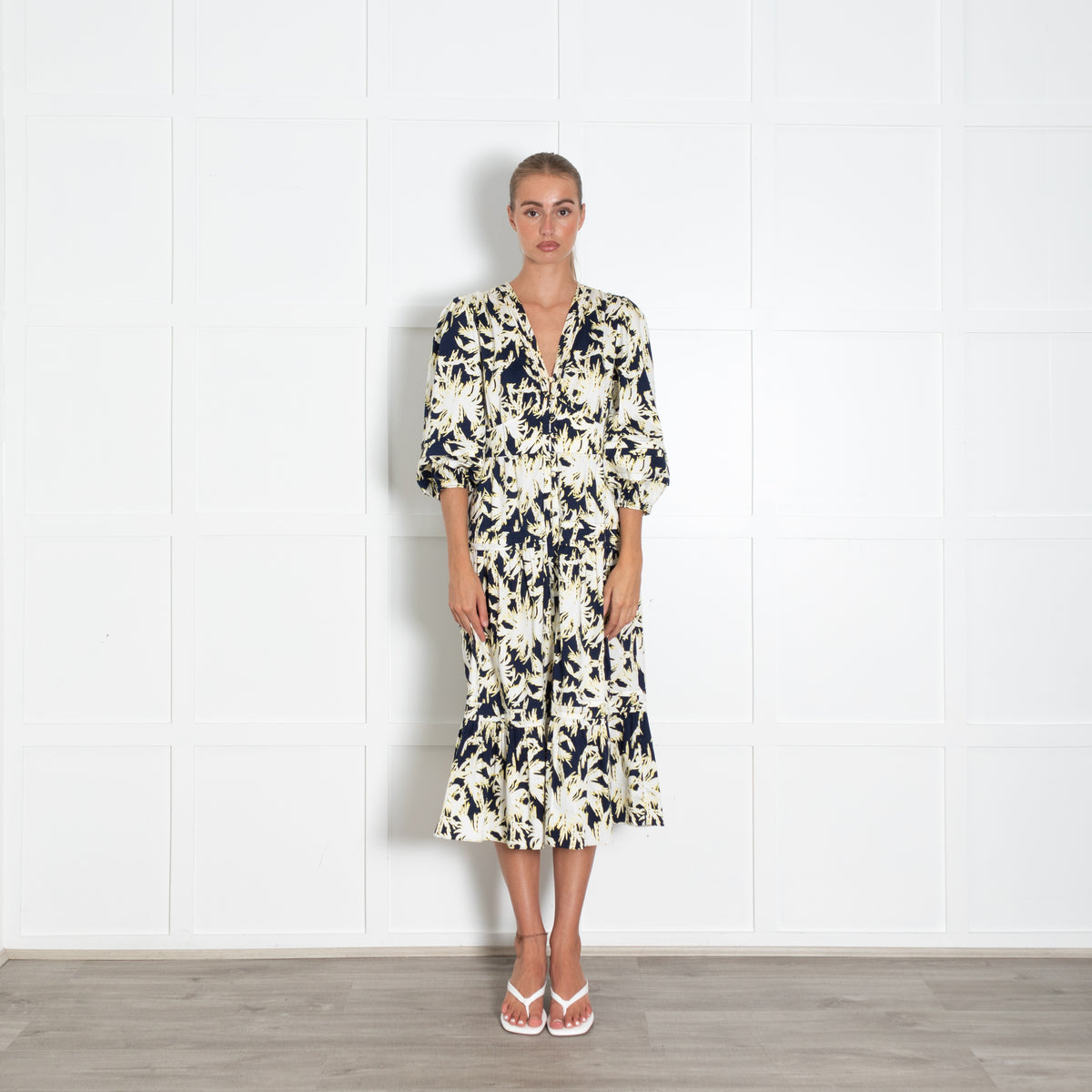DVF Navy Cream Yellow Floral Cotton Blend Dress
