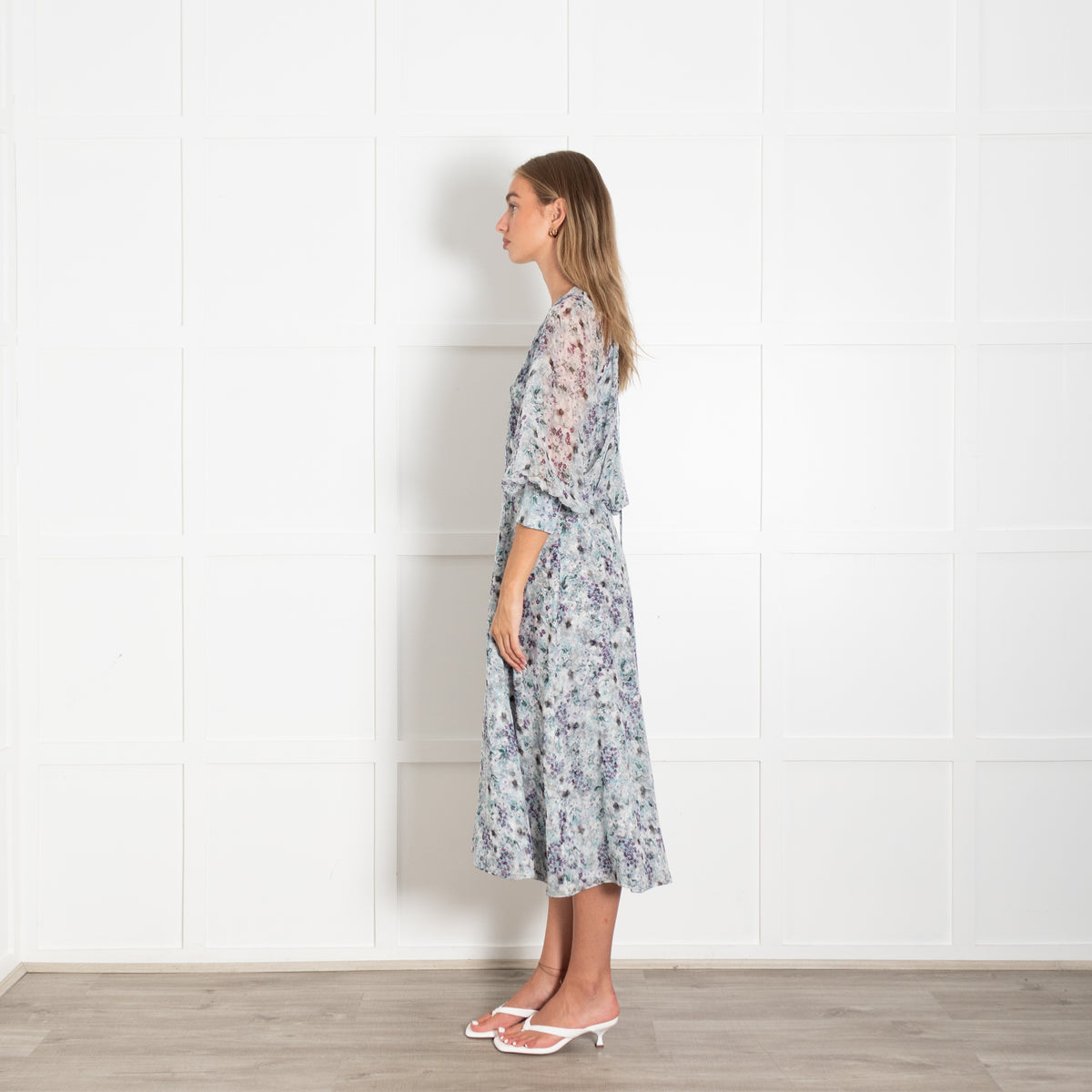 Erdem Light Grey Purple White Floral Silk Chiffon Dress