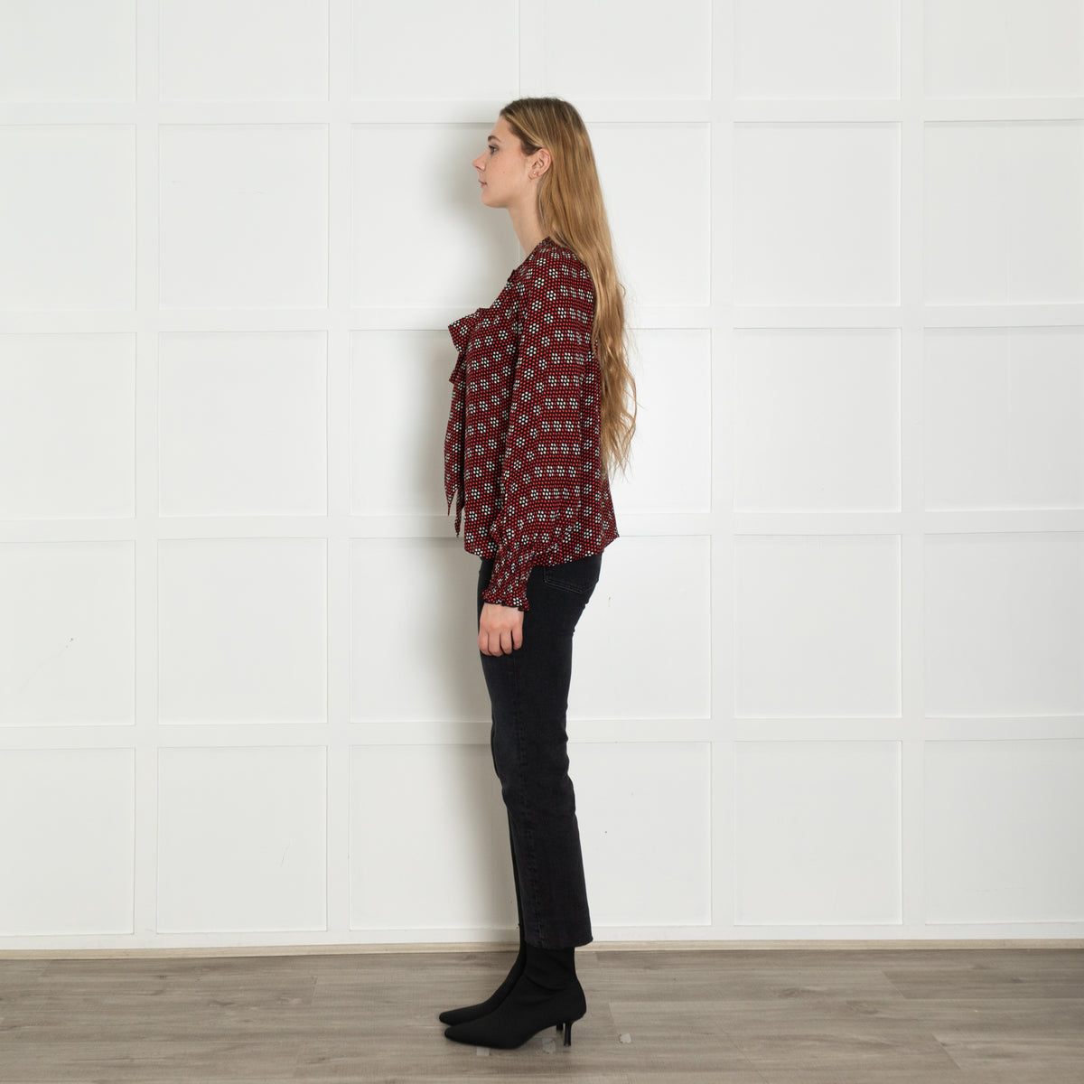 Me+Em Black Red Cream Silk Dot Tie Detail Blouse