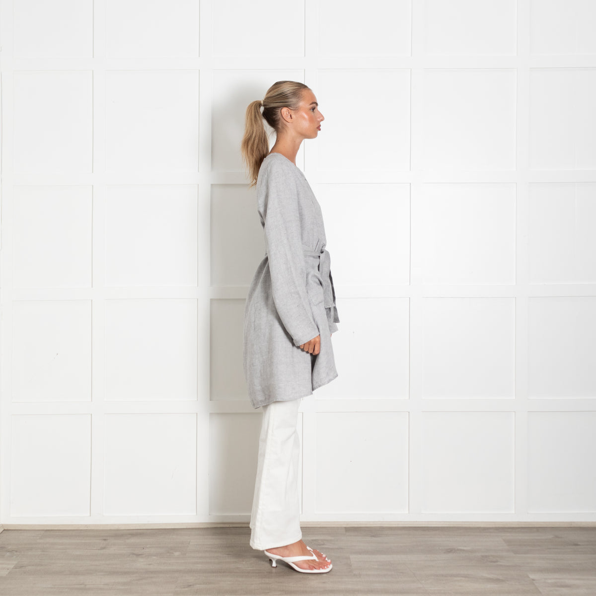 Barbara Lang Paris Grey Linen Oversized Pocket Detail Top