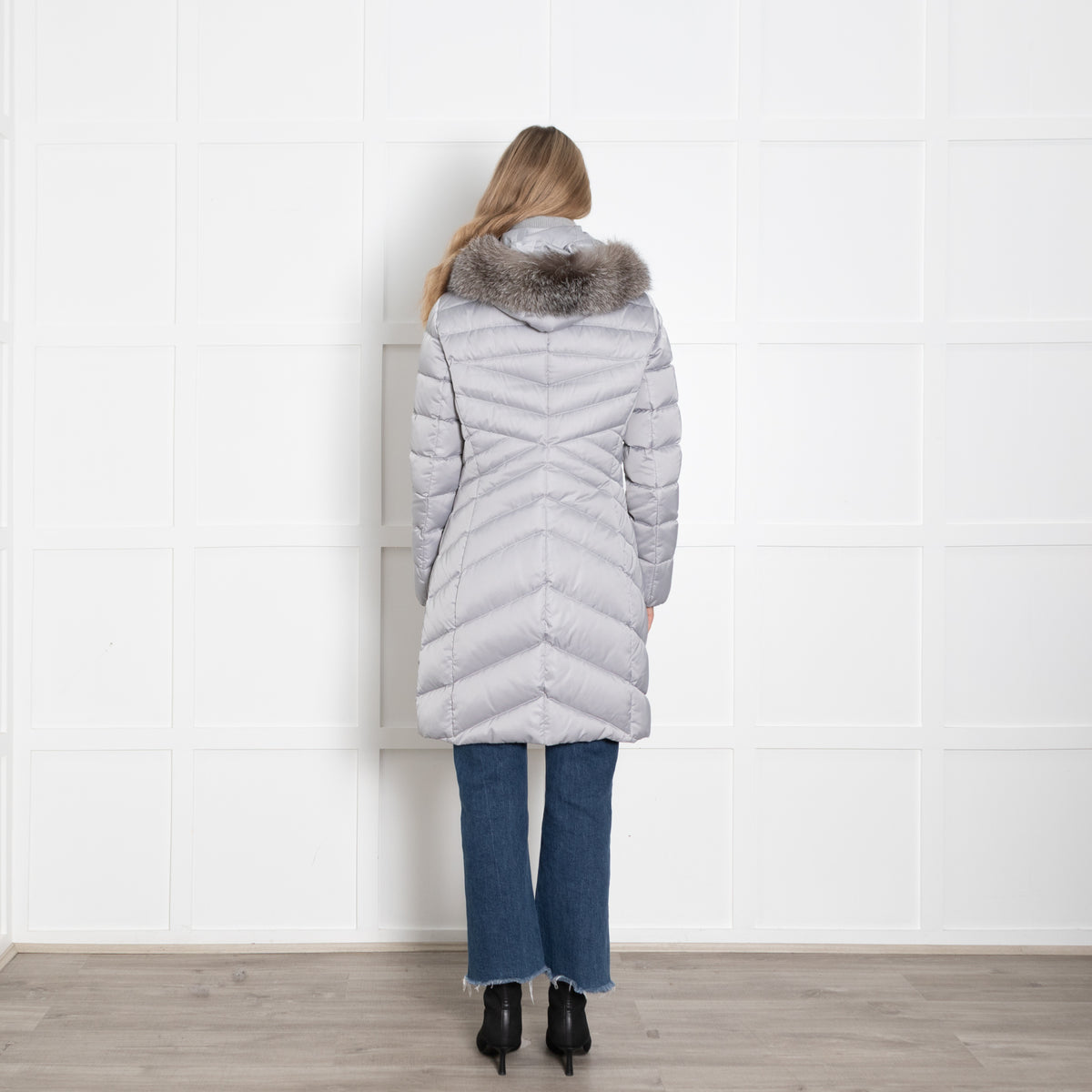 Laurel Grey Nylon Puffer Jaclkey with Fur Trim Hood