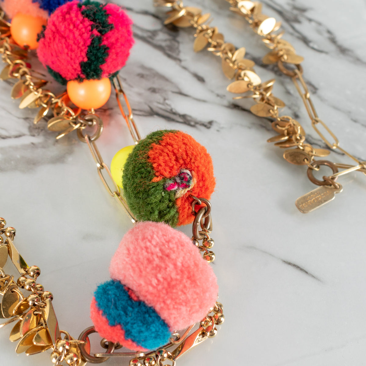 Vicki Sarge Gold Leaf Multicolour Pom Pom Long Chain Necklace