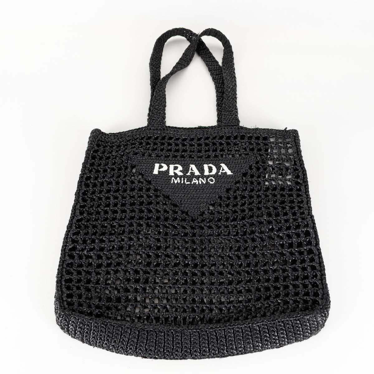 Prada Black White Logo Embellished Crochet Bag