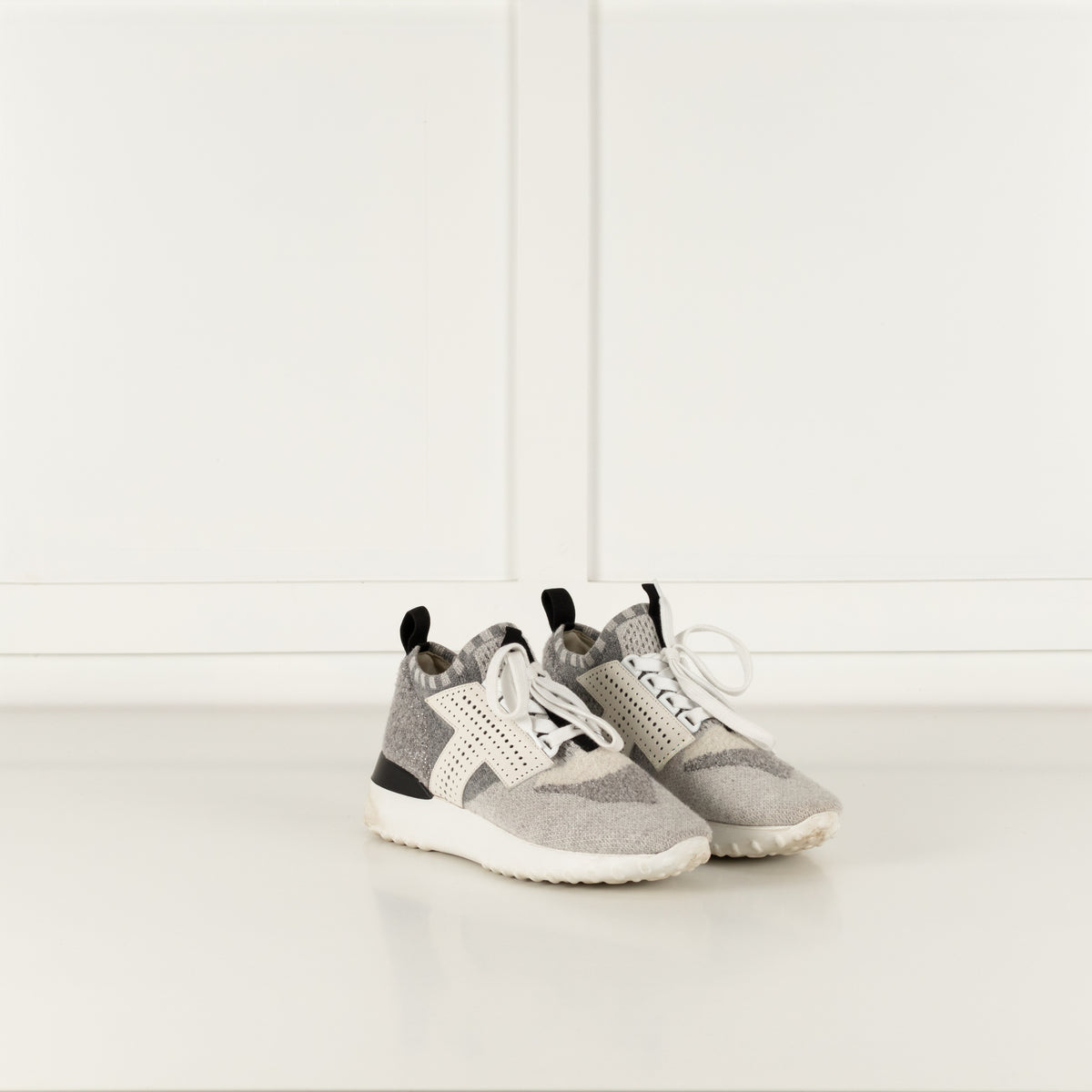 Tods Grey White Silver Lurex Knit Trainers