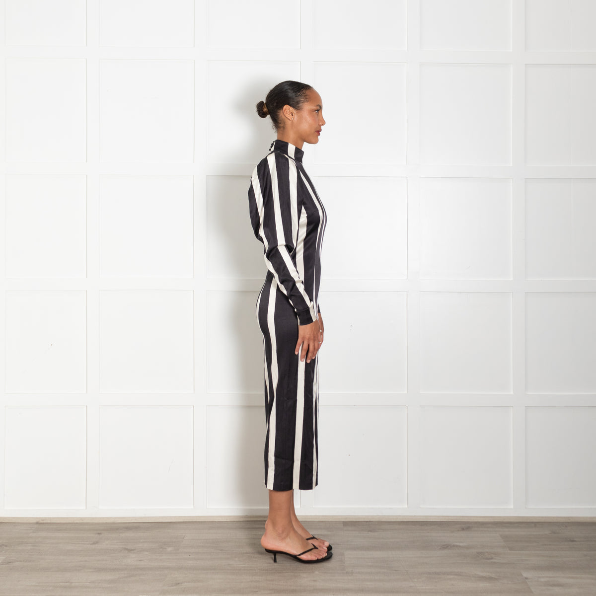 Rotate Birger Christensen Theresa Black & White Striped Dress With Puffed Sleeves