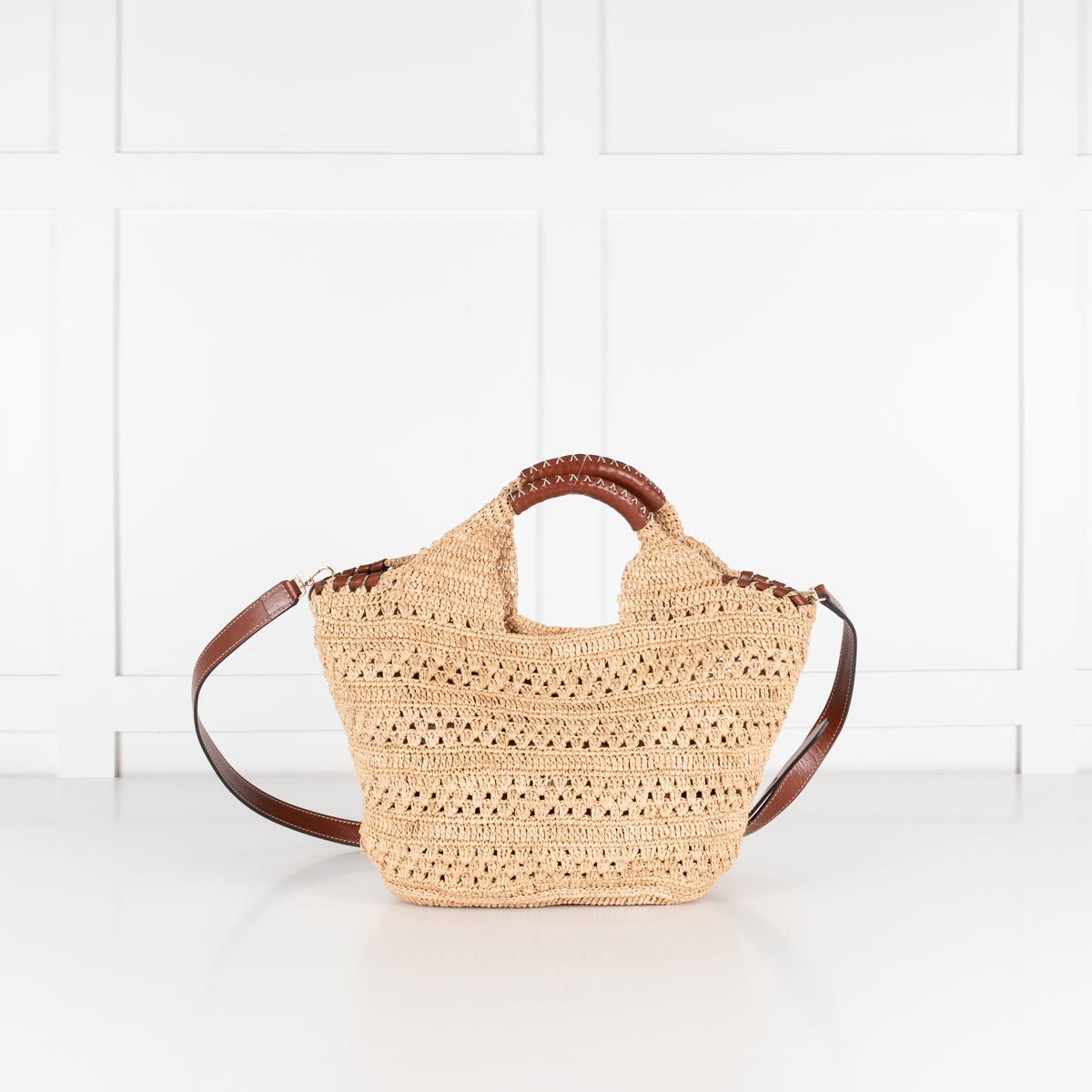 Ba&Sh Brown Ara Raffia Leather Hand Bag