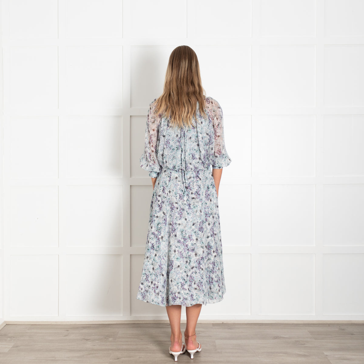 Erdem Light Grey Purple White Floral Silk Chiffon Dress