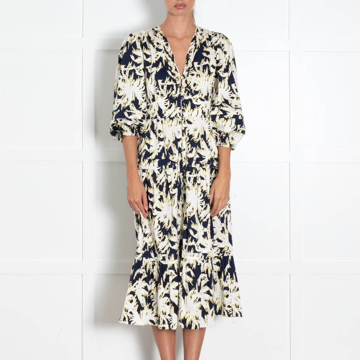 DVF Navy Cream Yellow Floral Cotton Blend Dress