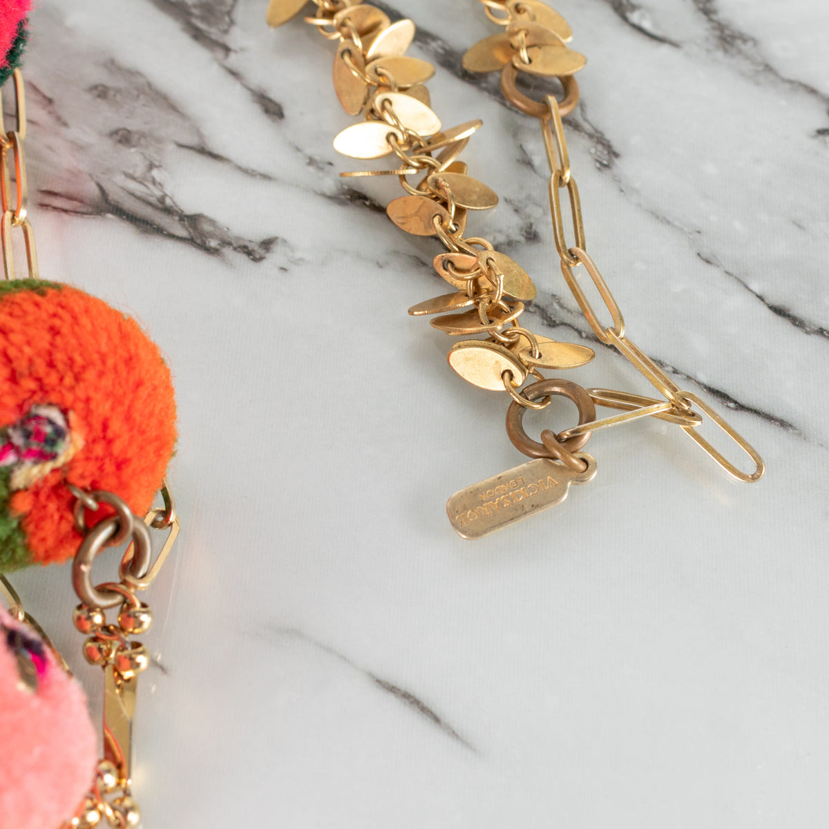 Vicki Sarge Gold Leaf Multicolour Pom Pom Long Chain Necklace