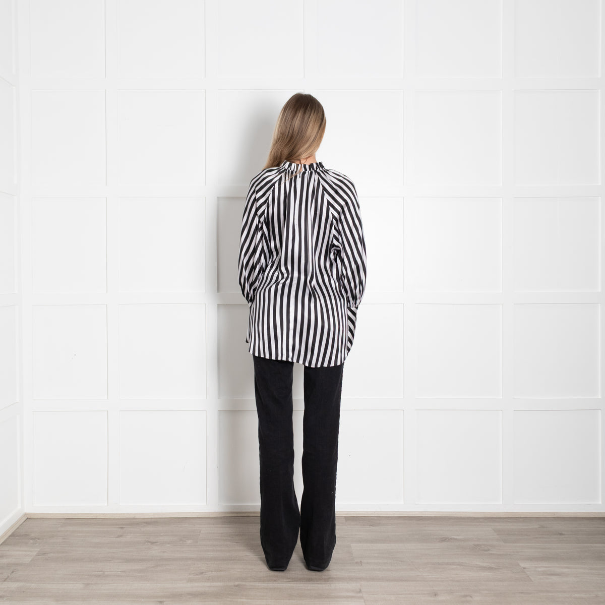 Lee Mathews Black White Striped Silk Oversized High Neck Blouse