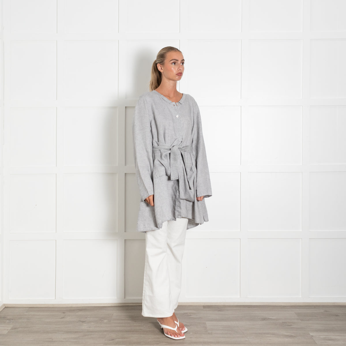 Barbara Lang Paris Grey Linen Oversized Pocket Detail Top