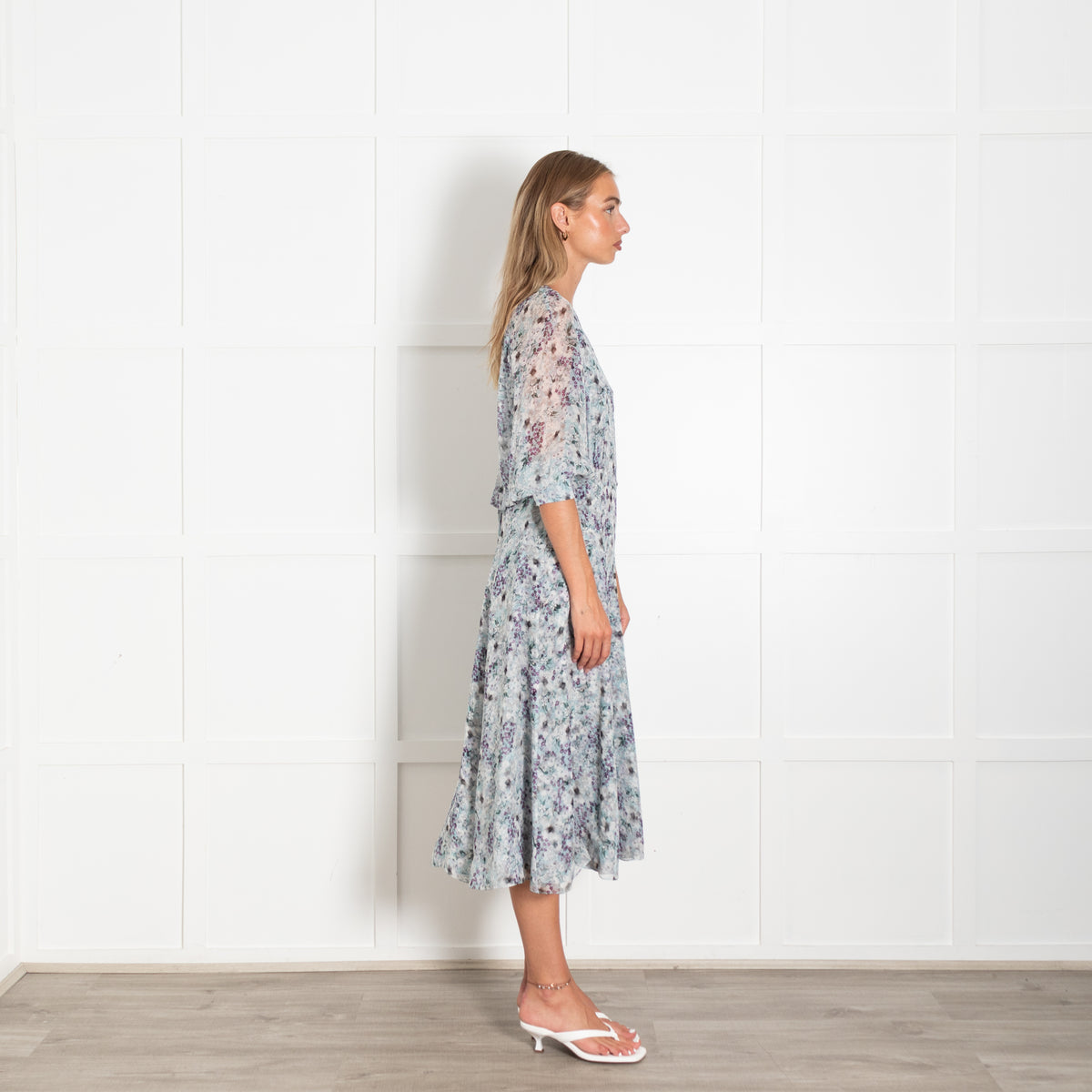Erdem Light Grey Purple White Floral Silk Chiffon Dress