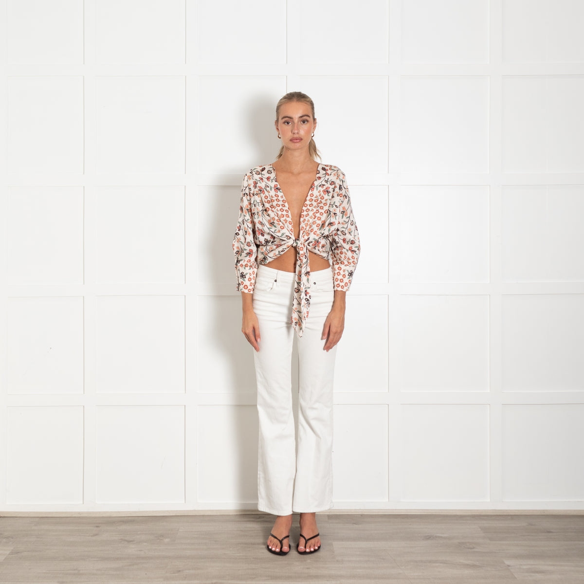 Bash Cream Orange Green Floral Front Tie Top